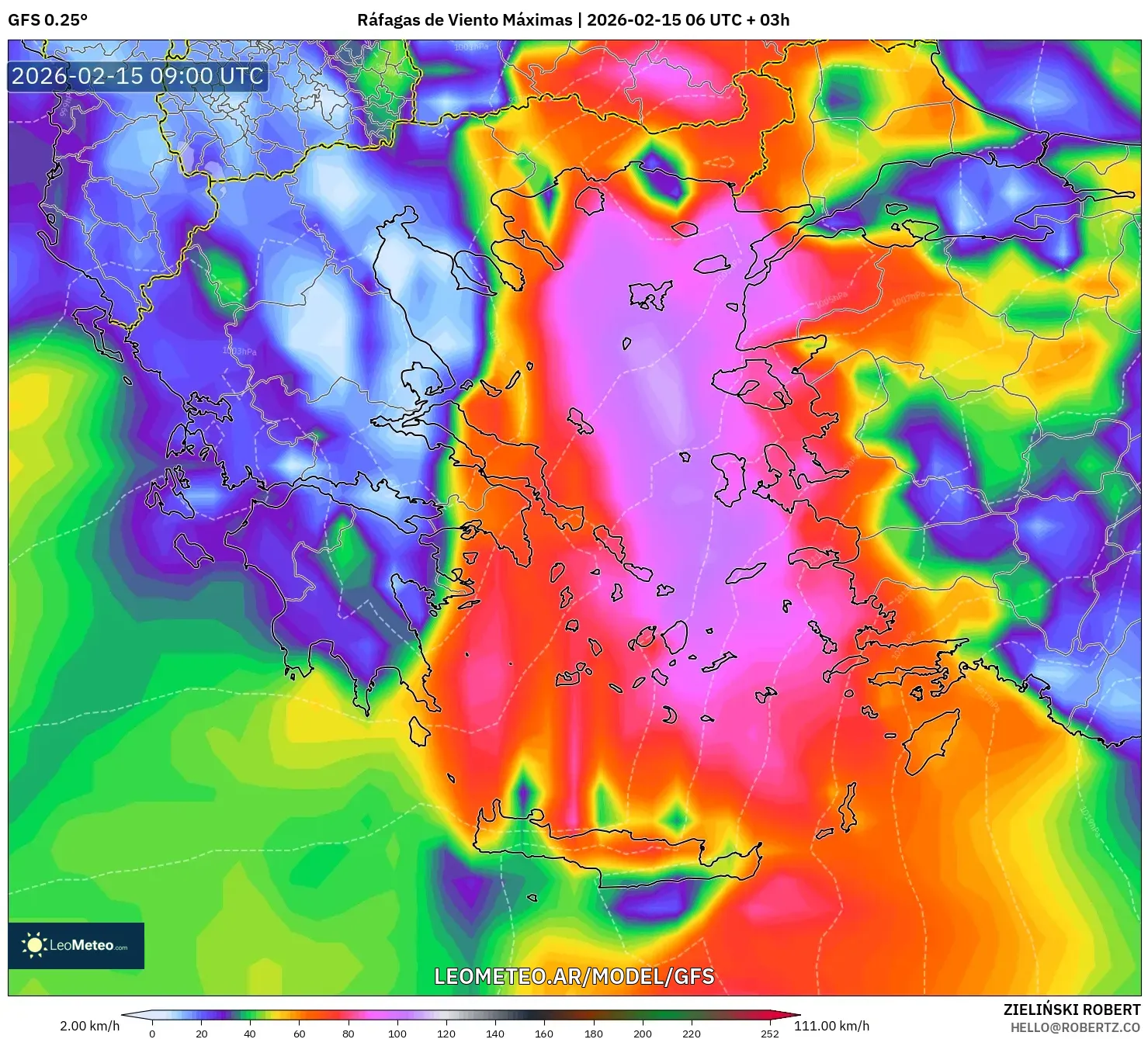 GFS model - Grecia, Ráfagas de Viento Máximas