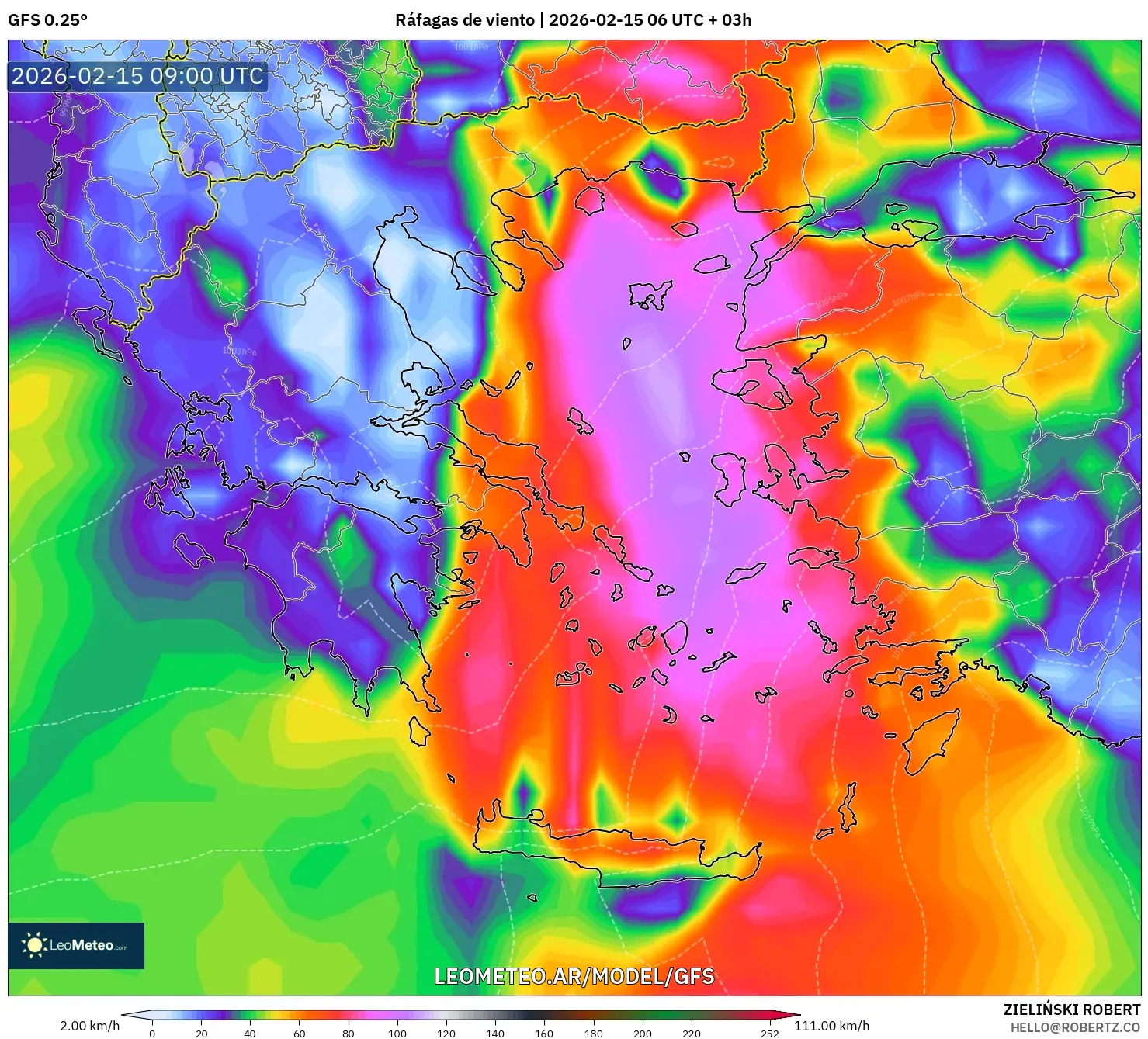 GFS model - Grecia, Ráfagas de viento