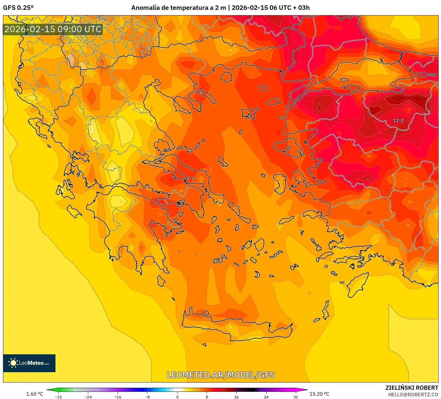 GFS model - Grecia, Anomalía de temperatura a 2 m