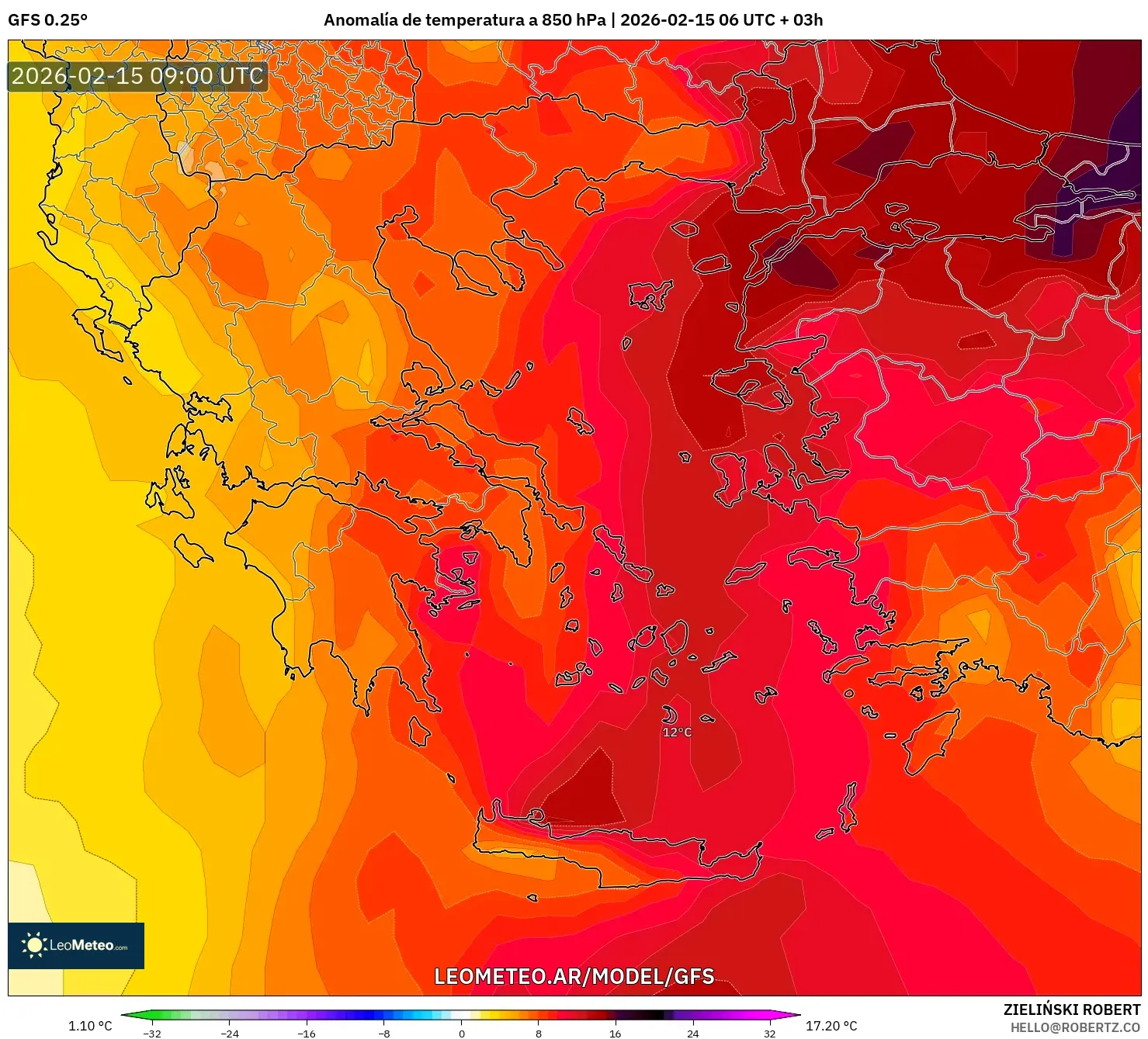 GFS model - Grecia, Anomalía de temperatura a 850 hPa