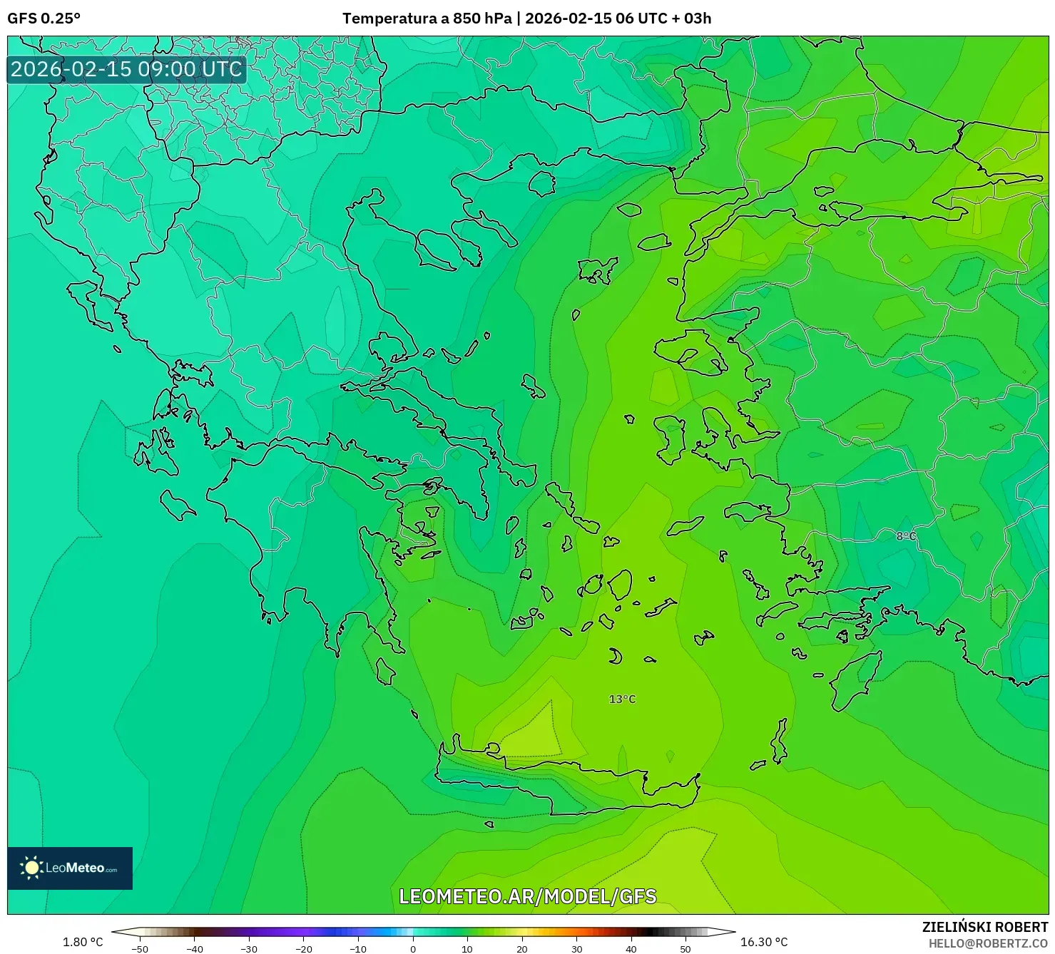 GFS model - Grecia, Temperatura a 850 hPa