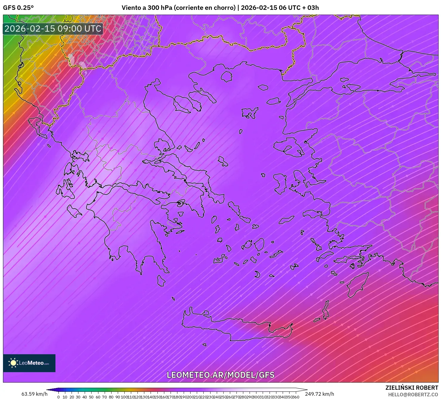 GFS model - Grecia, Viento a 300 hPa (corriente en chorro)