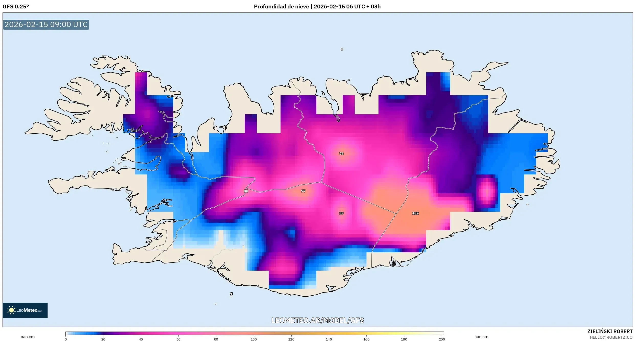 GFS model - Islandia, Profundidad de nieve