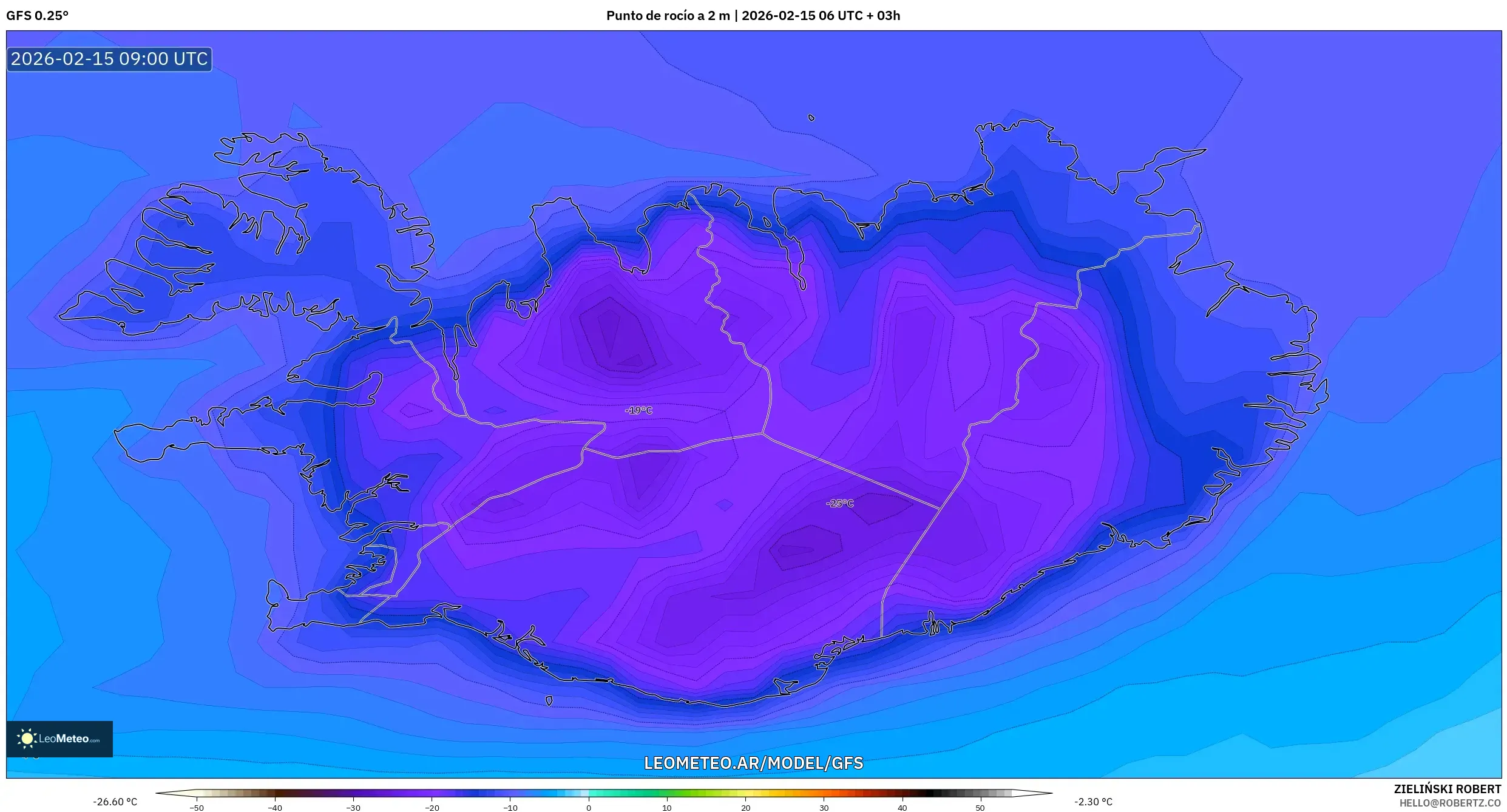 GFS model - Islandia, Punto de rocío a 2 m