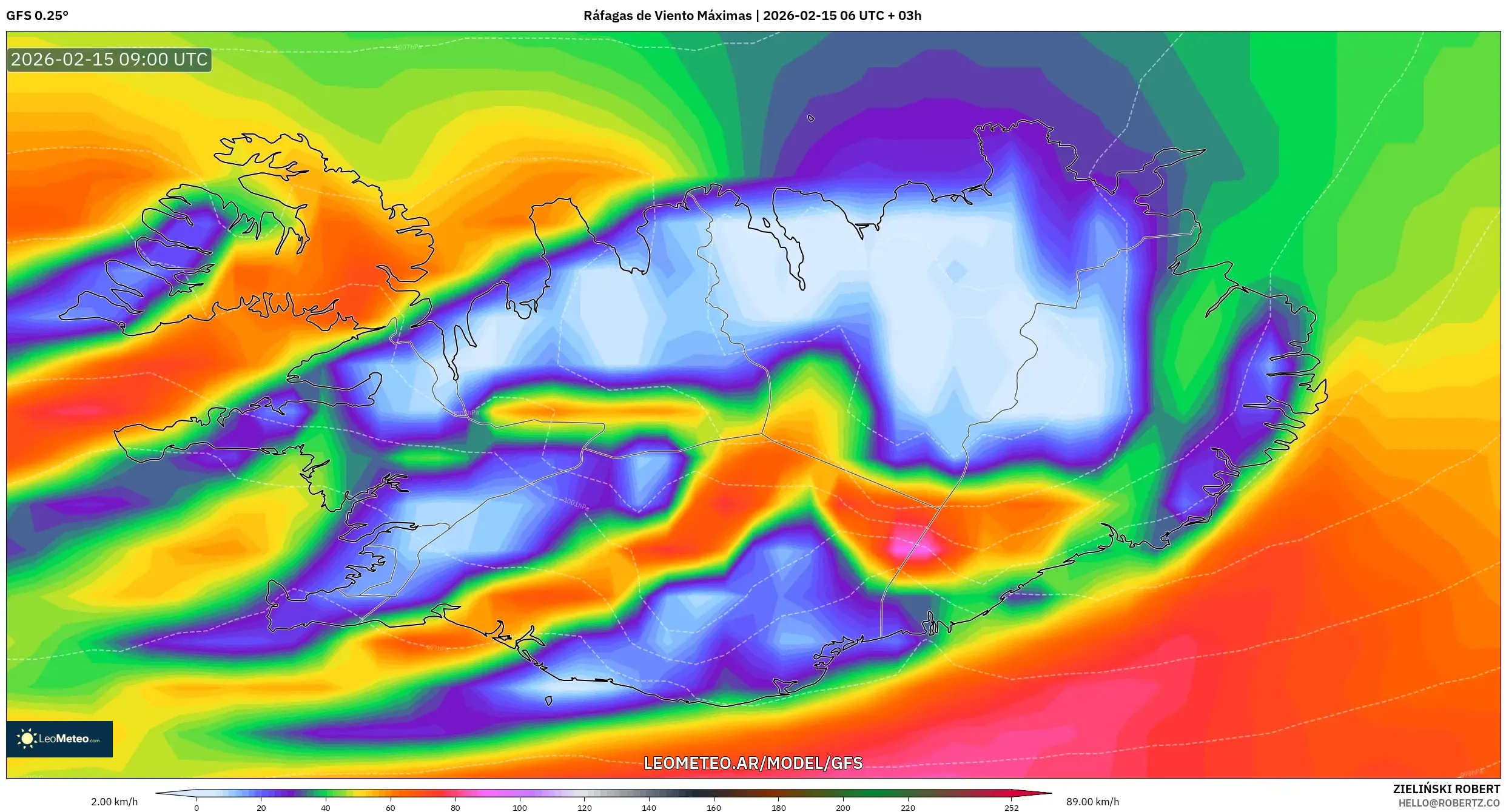 GFS model - Islandia, Ráfagas de Viento Máximas