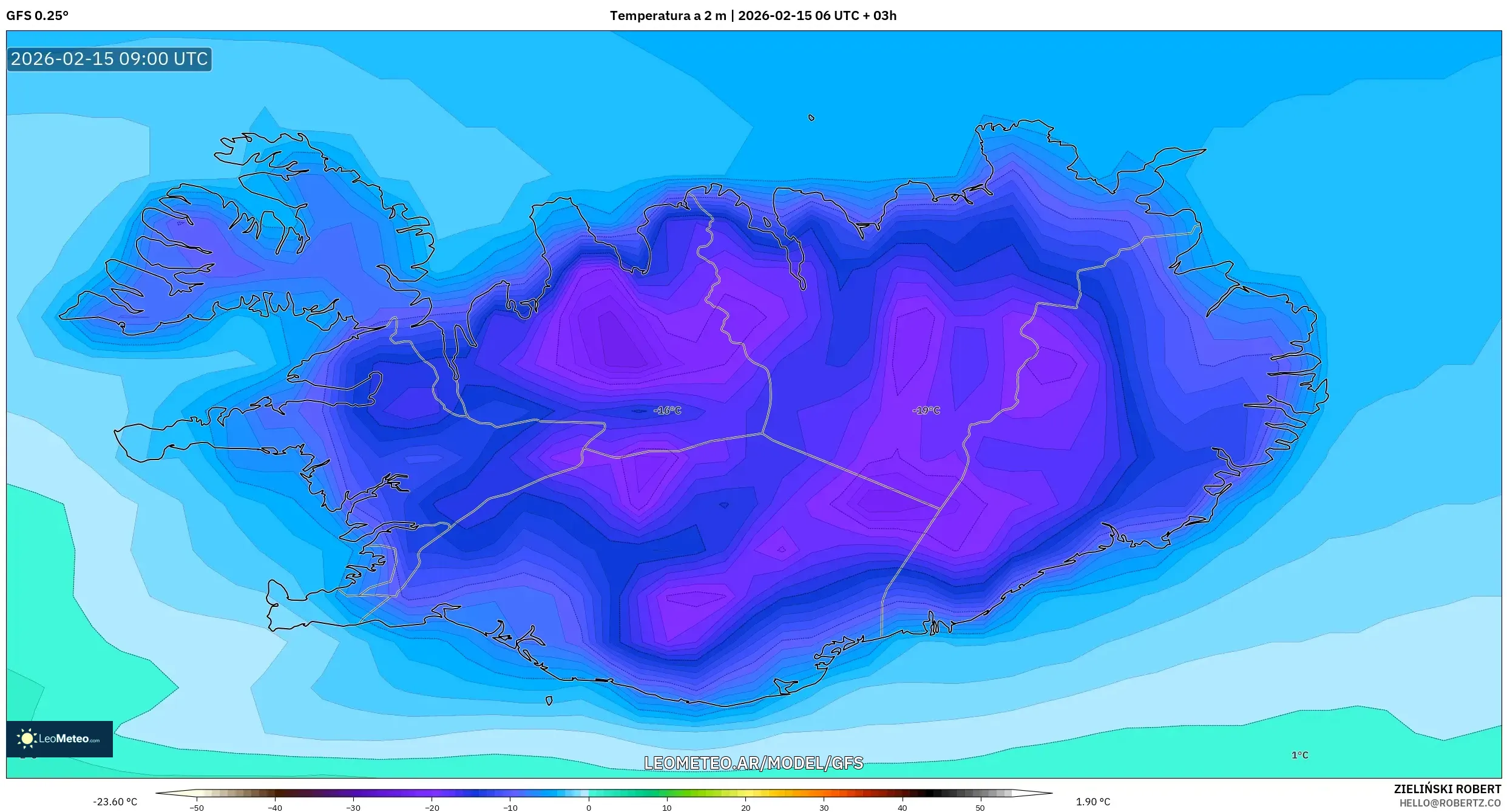 GFS model - Islandia, Temperatura a 2 m