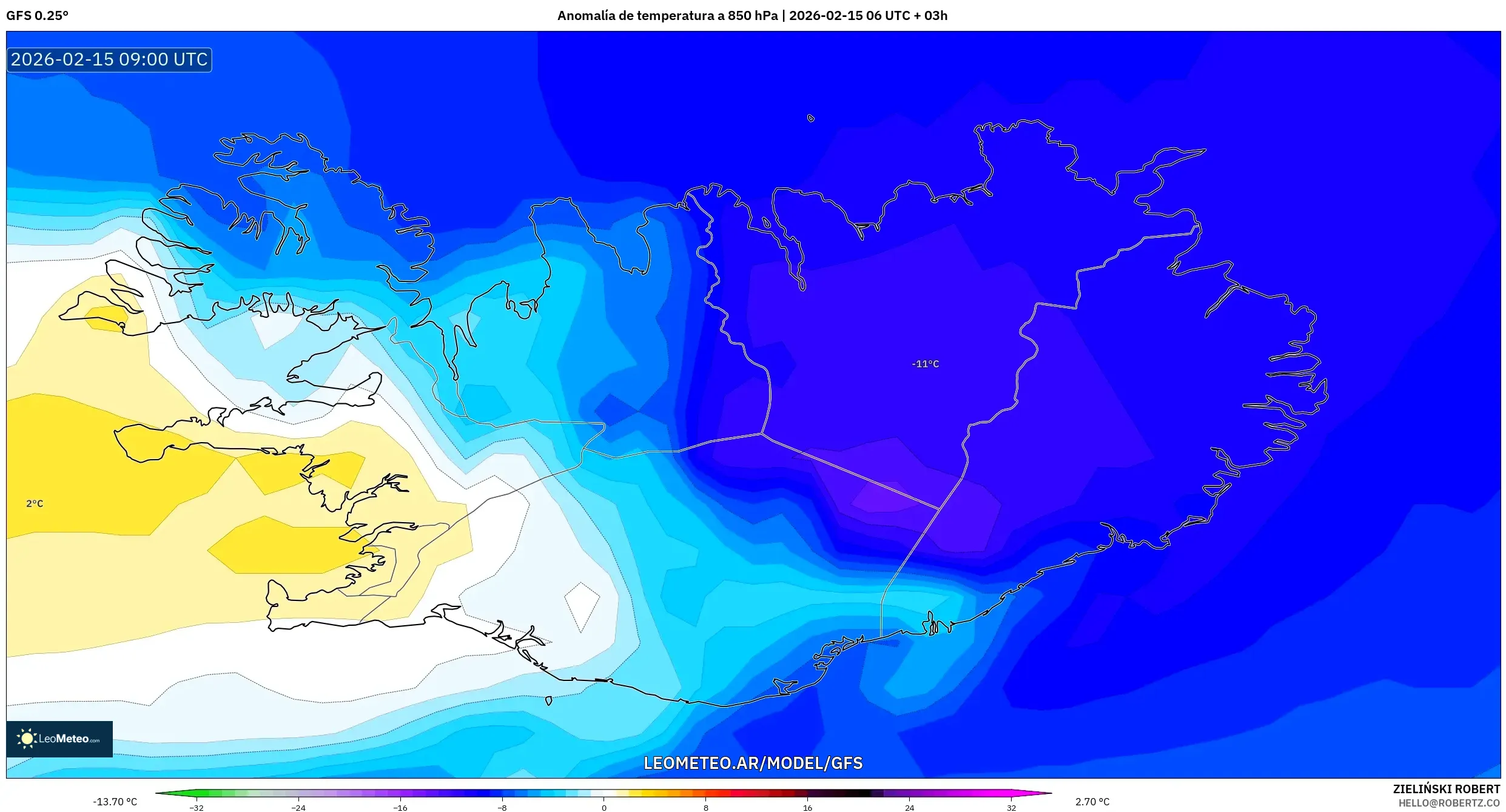 GFS model - Islandia, Anomalía de temperatura a 850 hPa
