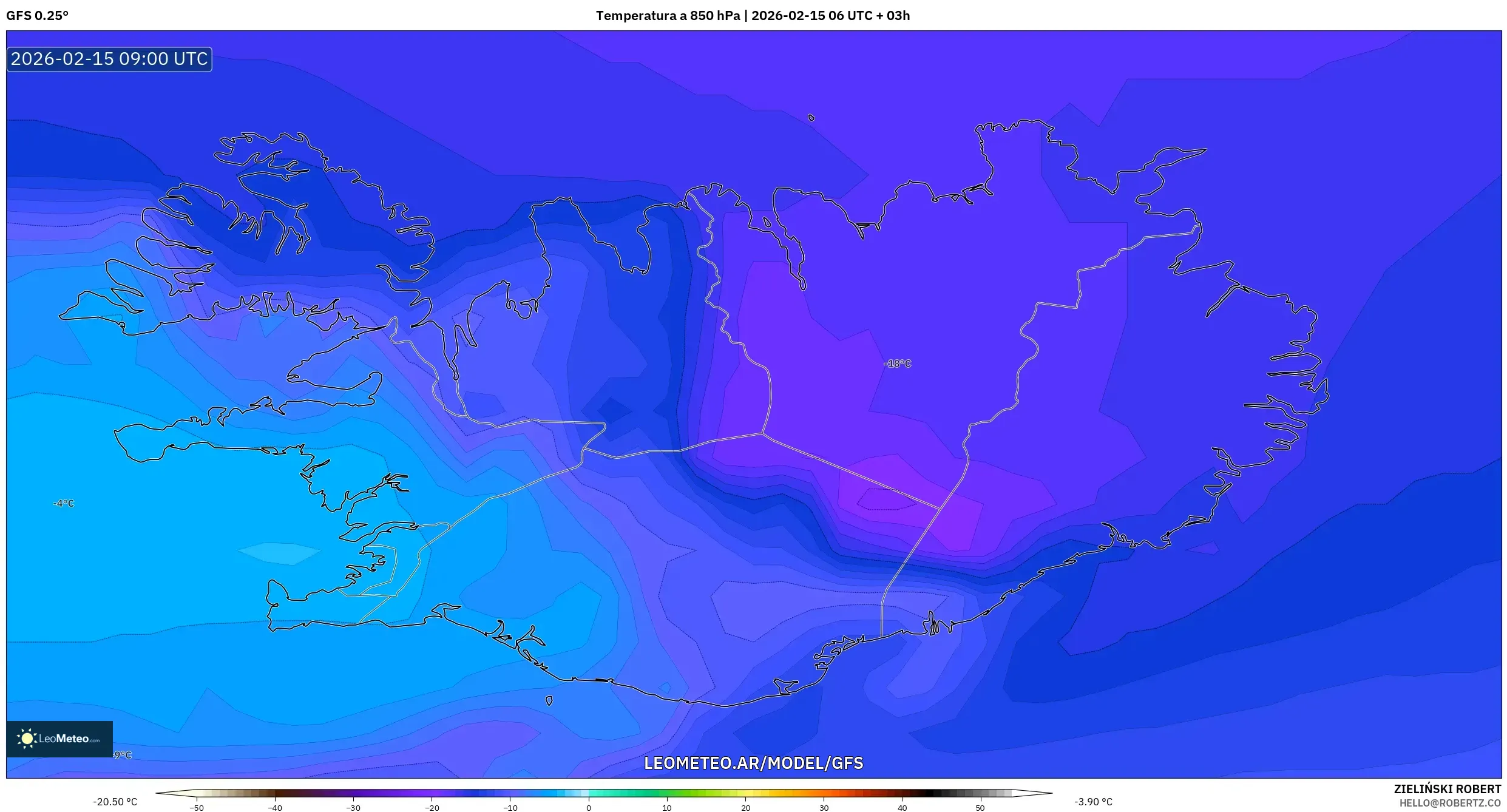 GFS model - Islandia, Temperatura a 850 hPa