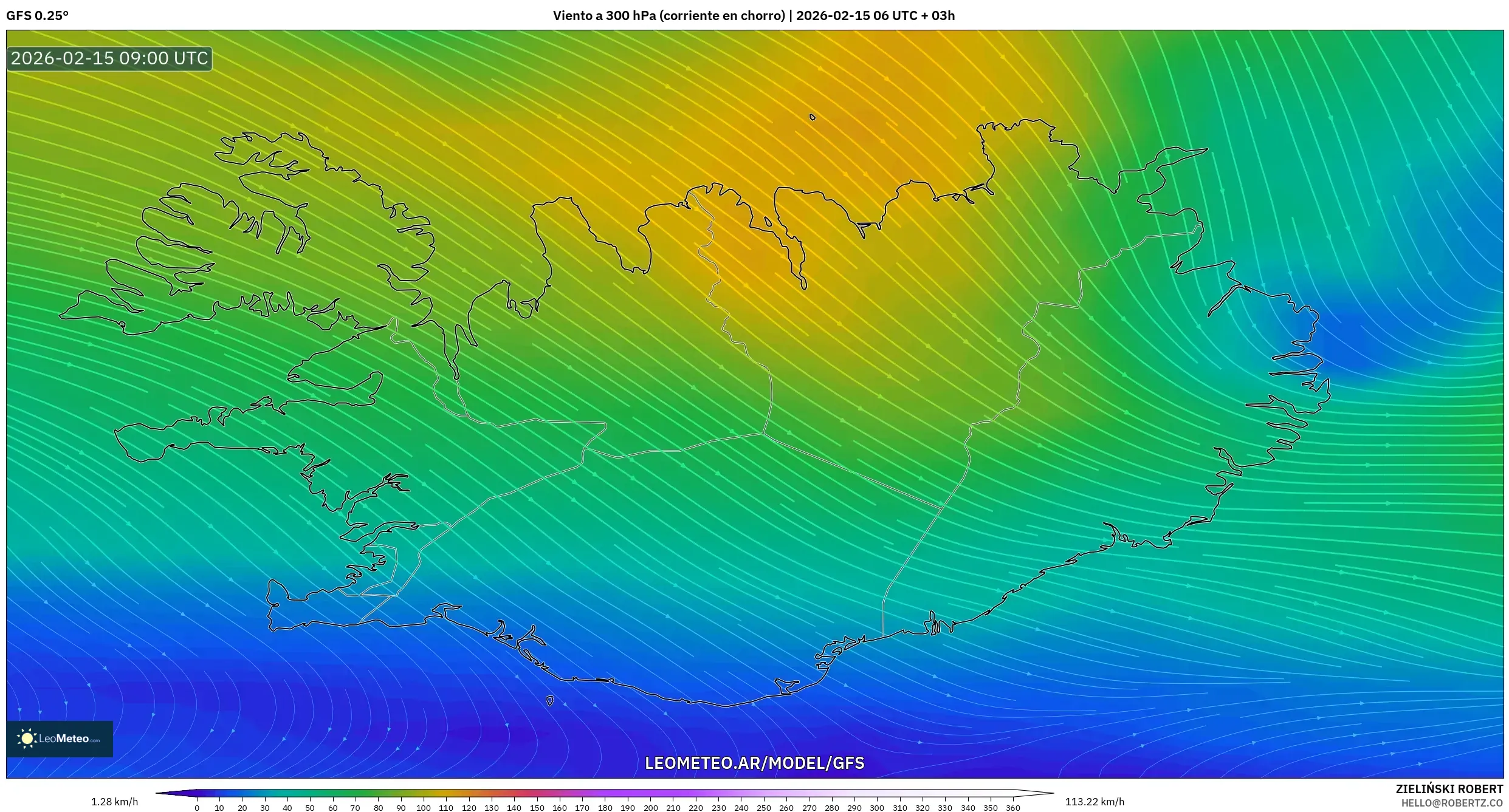 GFS model - Islandia, Viento a 300 hPa (corriente en chorro)