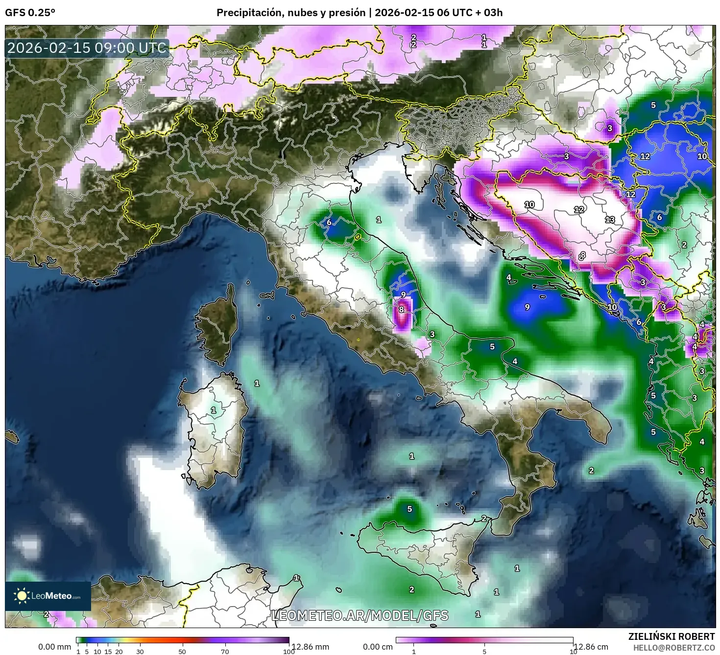 GFS model - Italia, Precipitación, nubes y presión