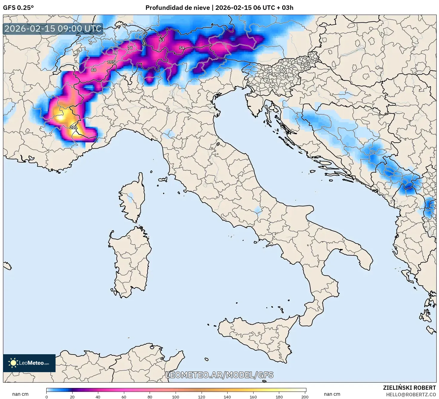 GFS model - Italia, Profundidad de nieve