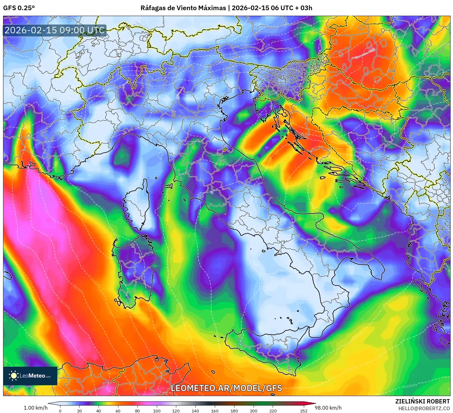 GFS model - Italia, Ráfagas de Viento Máximas