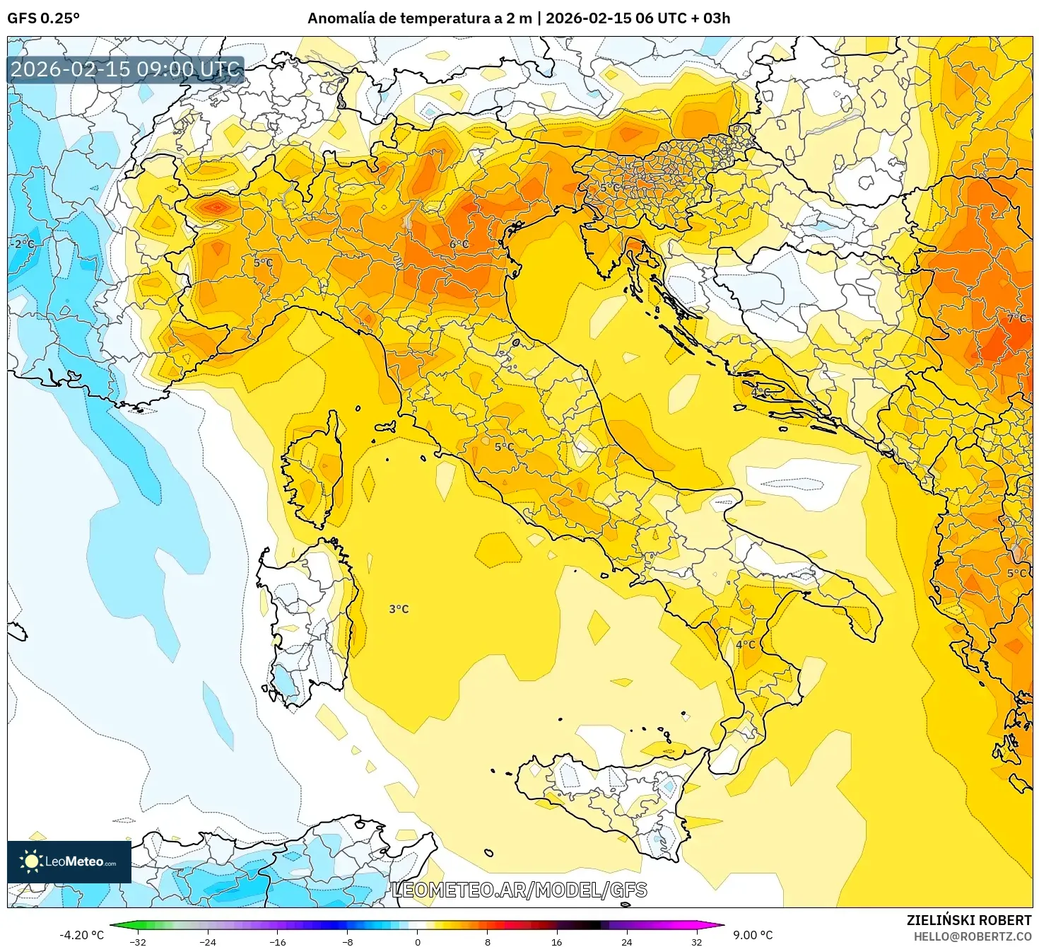 GFS model - Italia, Anomalía de temperatura a 2 m