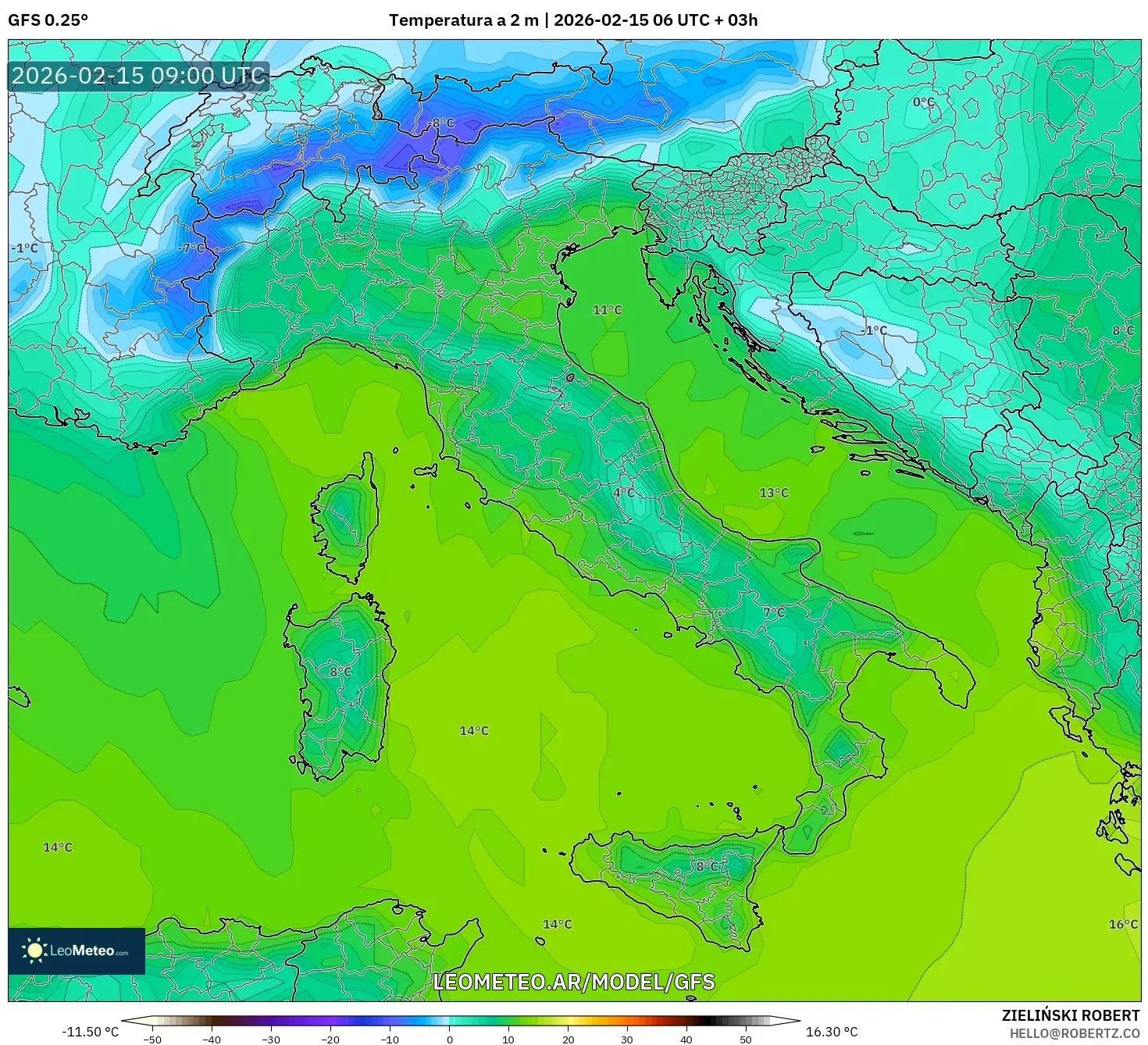 GFS model - Italia, Temperatura a 2 m