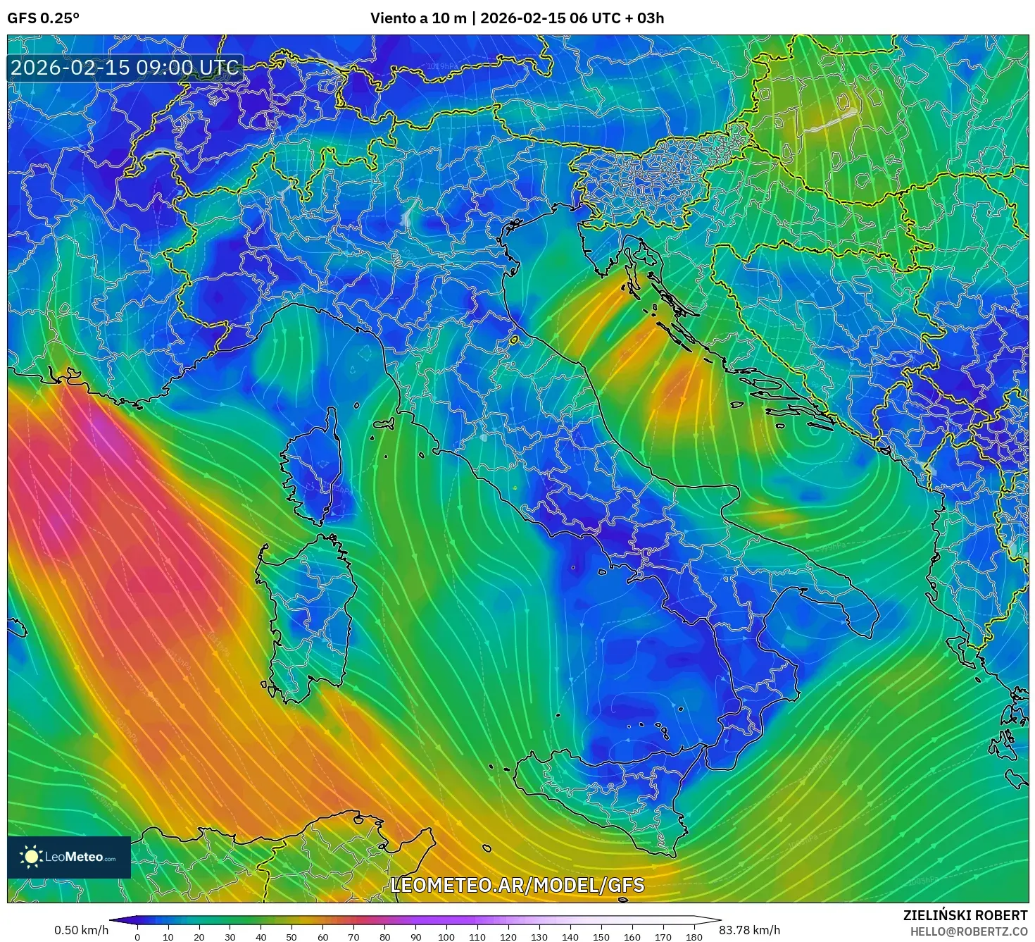 GFS model - Italia, Viento a 10 m