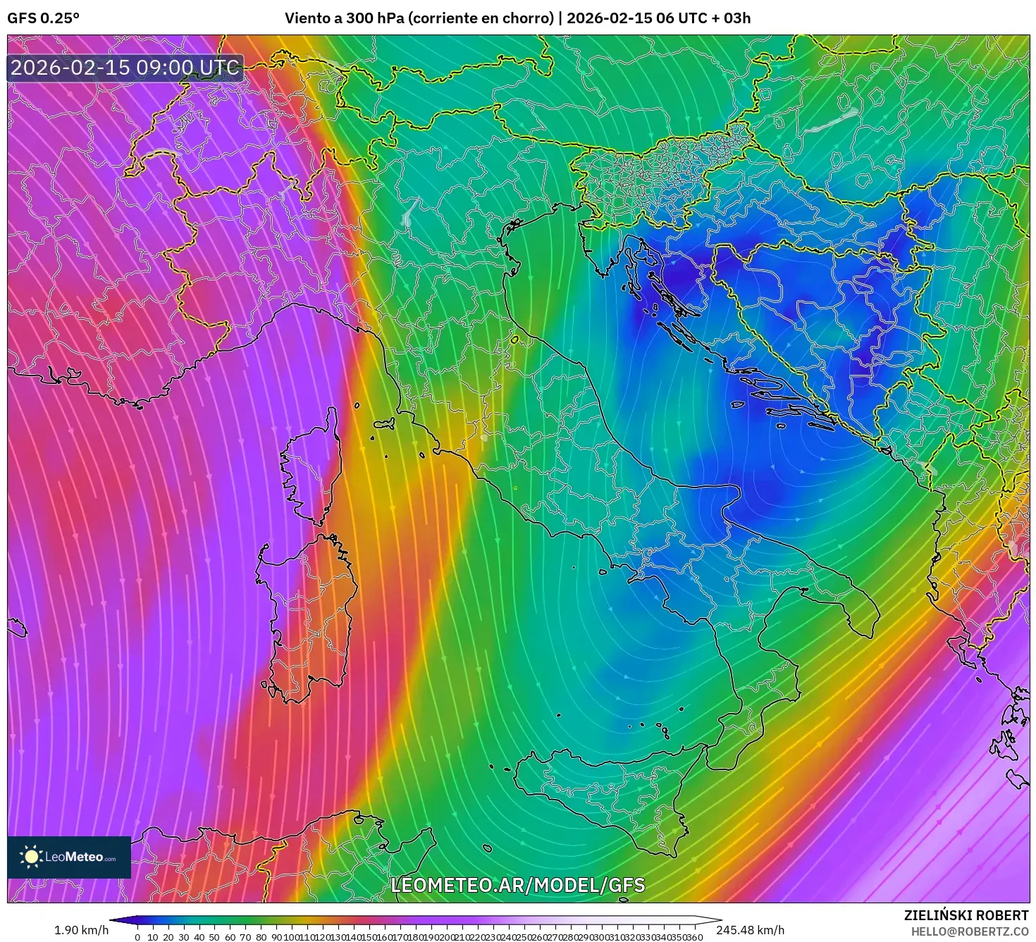 GFS model - Italia, Viento a 300 hPa (corriente en chorro)