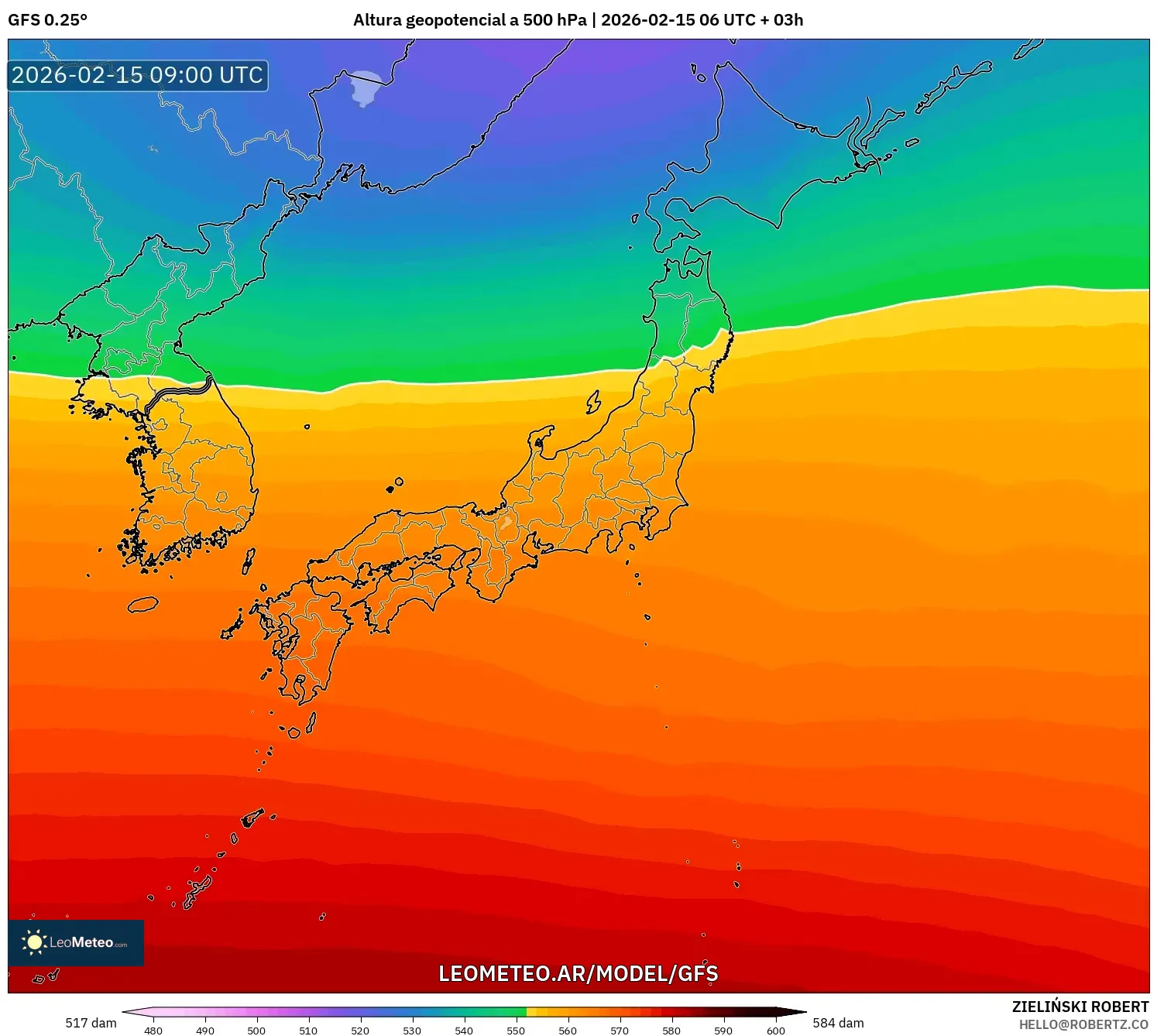 GFS model - Japón, Altura geopotencial a 500 hPa