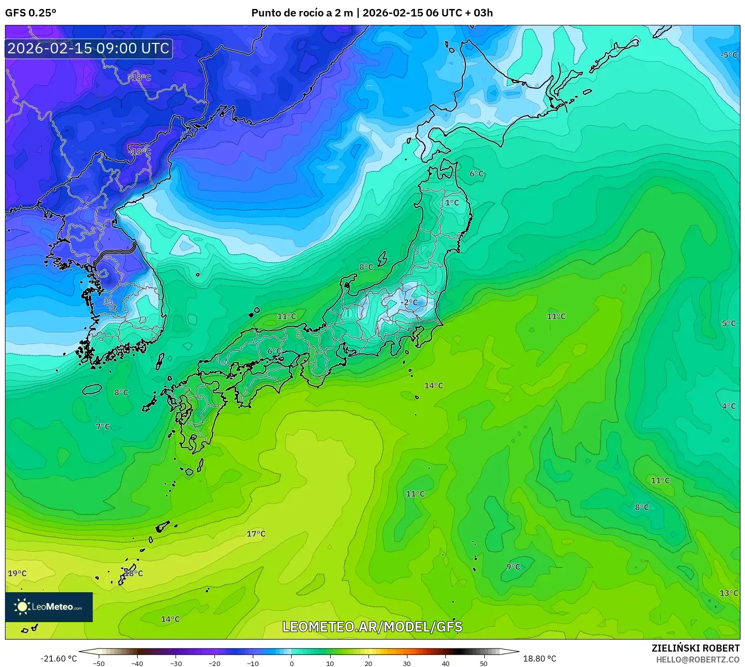 GFS model - Japón, Punto de rocío a 2 m