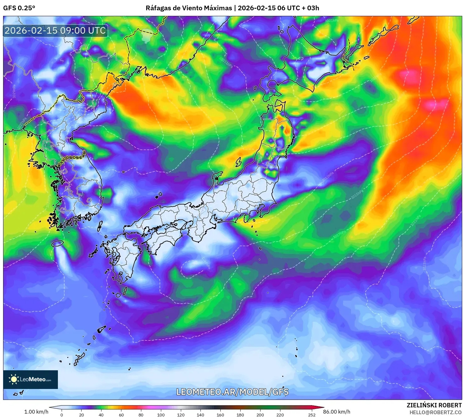 GFS model - Japón, Ráfagas de Viento Máximas