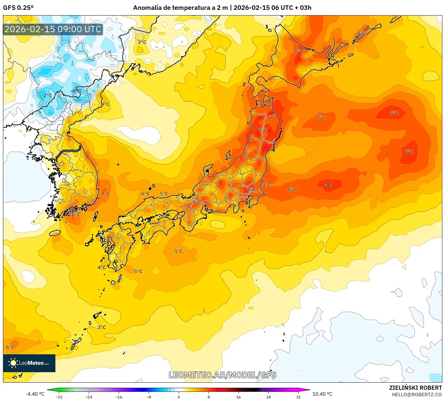 GFS model - Japón, Anomalía de temperatura a 2 m