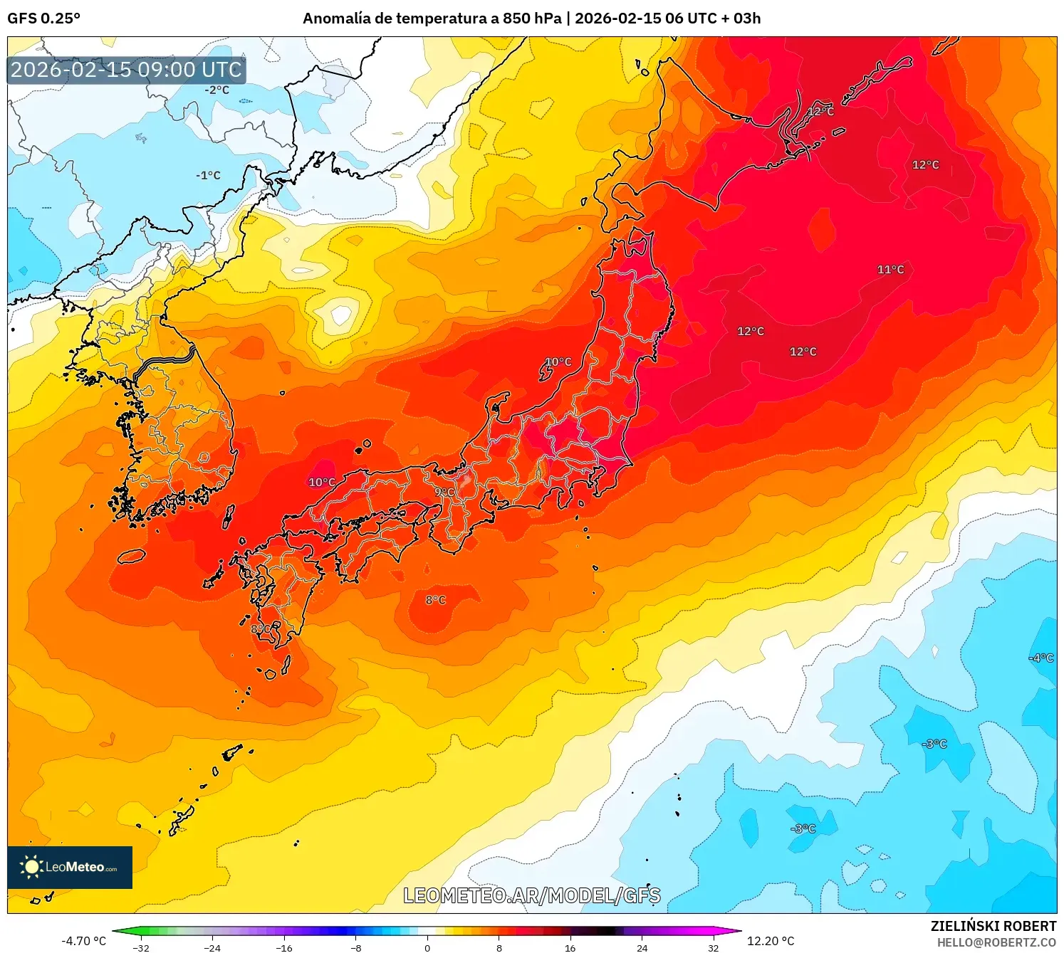 GFS model - Japón, Anomalía de temperatura a 850 hPa