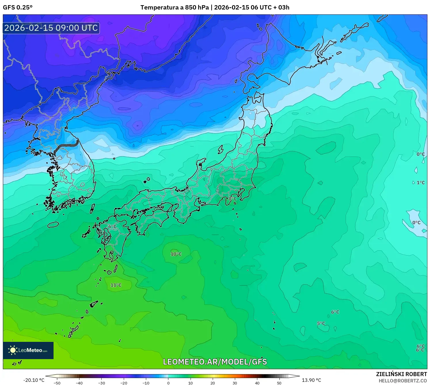 GFS model - Japón, Temperatura a 850 hPa