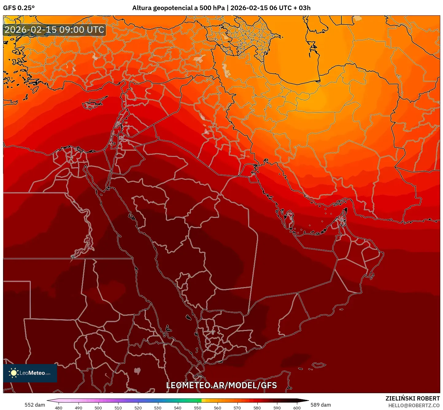 GFS model - Oriente Medio, Altura geopotencial a 500 hPa