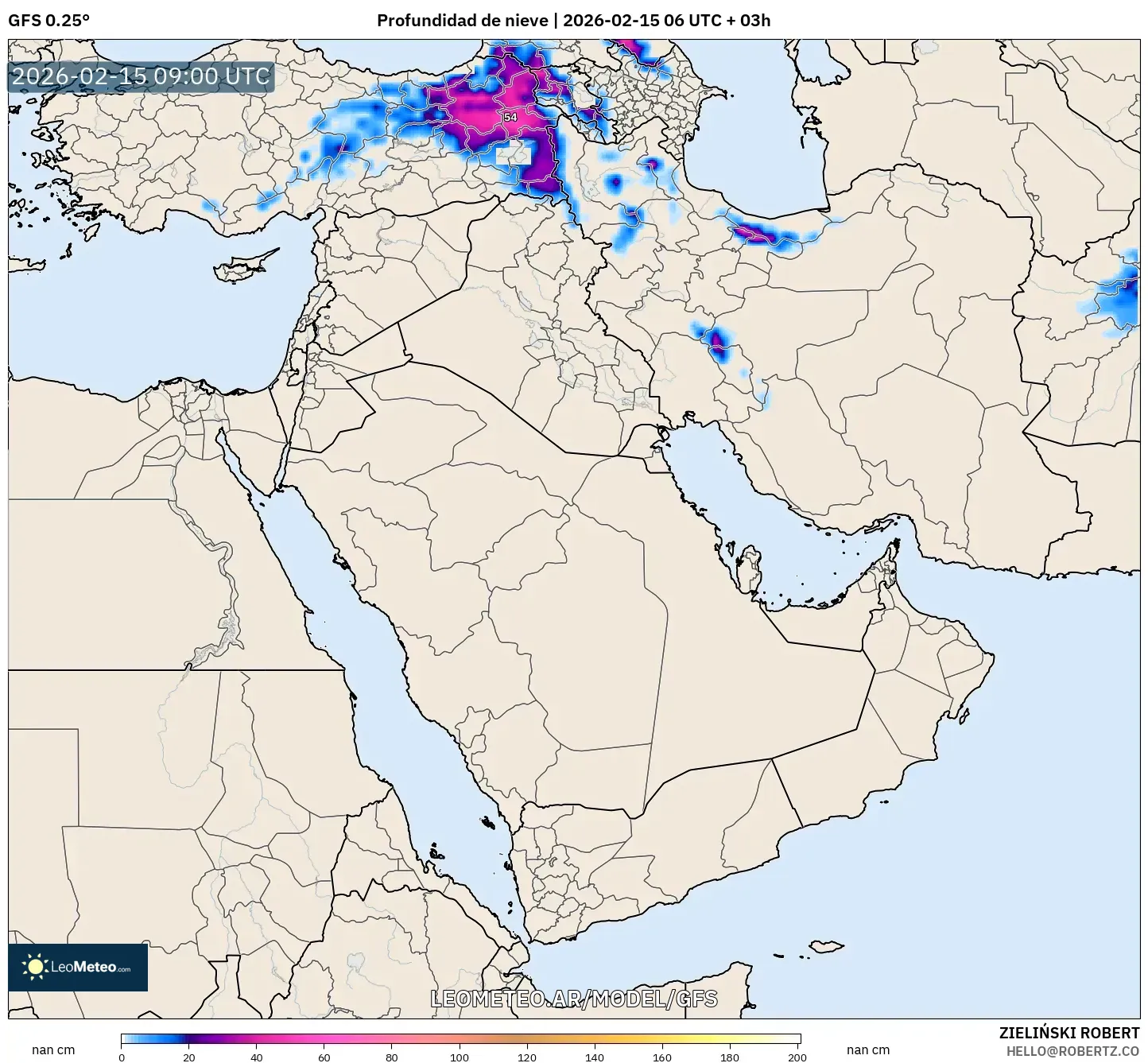 GFS model - Oriente Medio, Profundidad de nieve