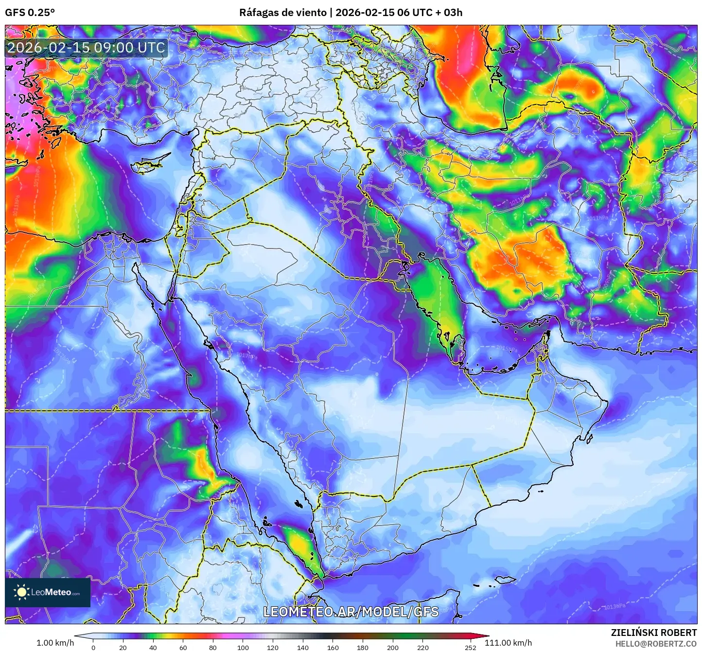 GFS model - Oriente Medio, Ráfagas de viento