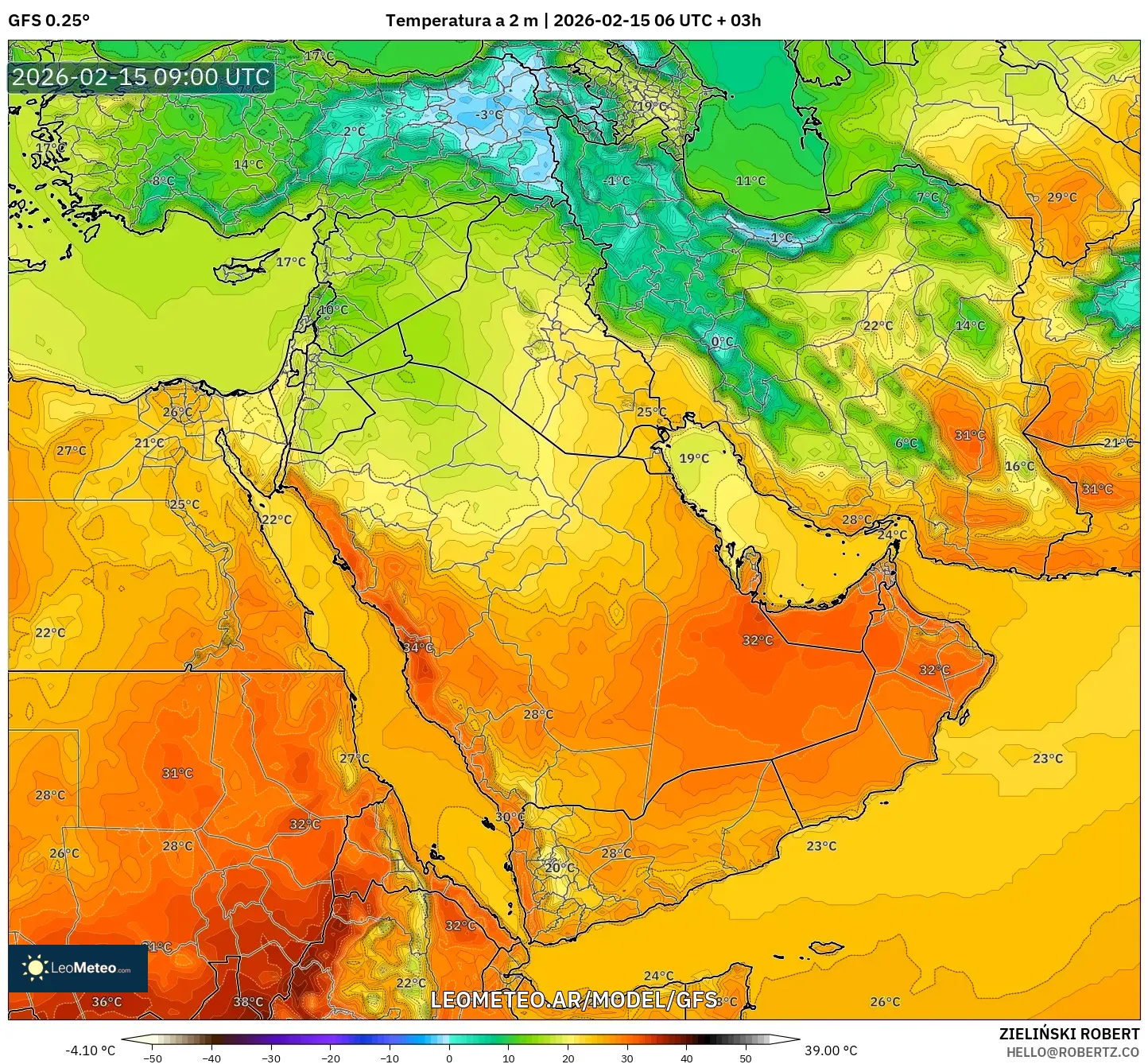 GFS model - Oriente Medio, Temperatura a 2 m