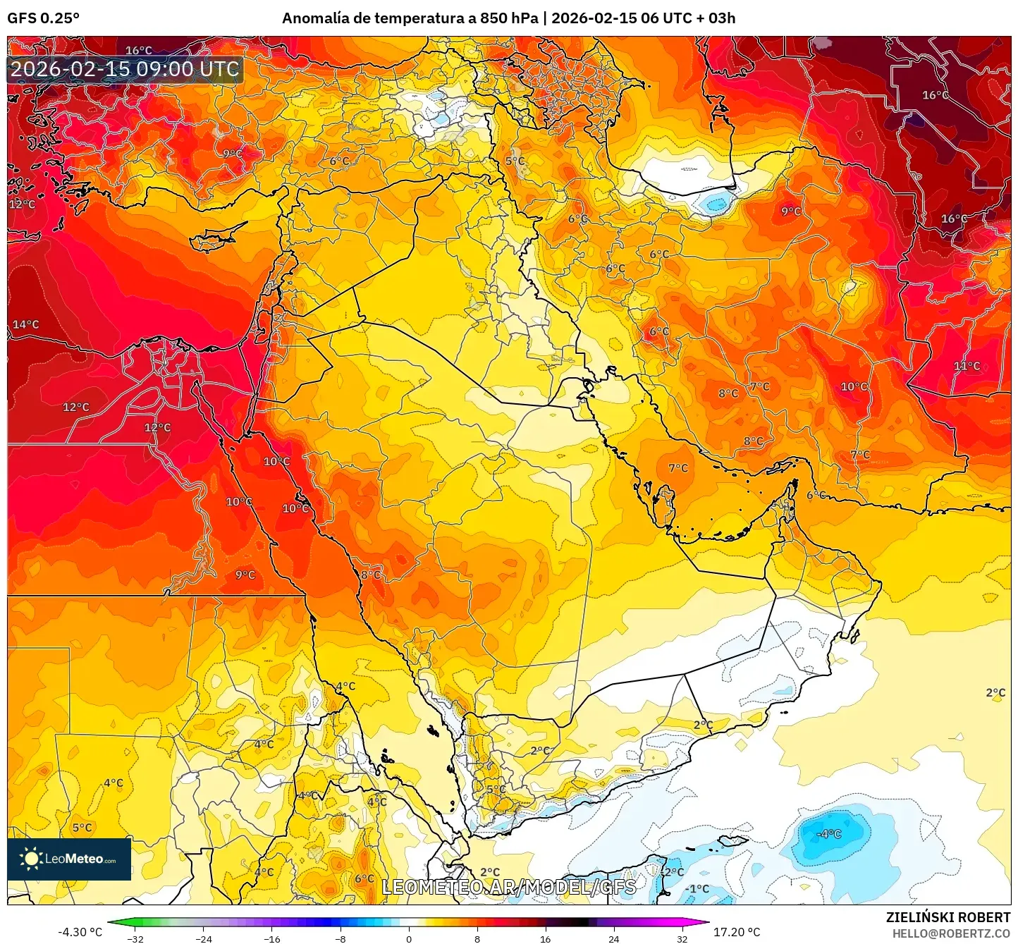 GFS model - Oriente Medio, Anomalía de temperatura a 850 hPa