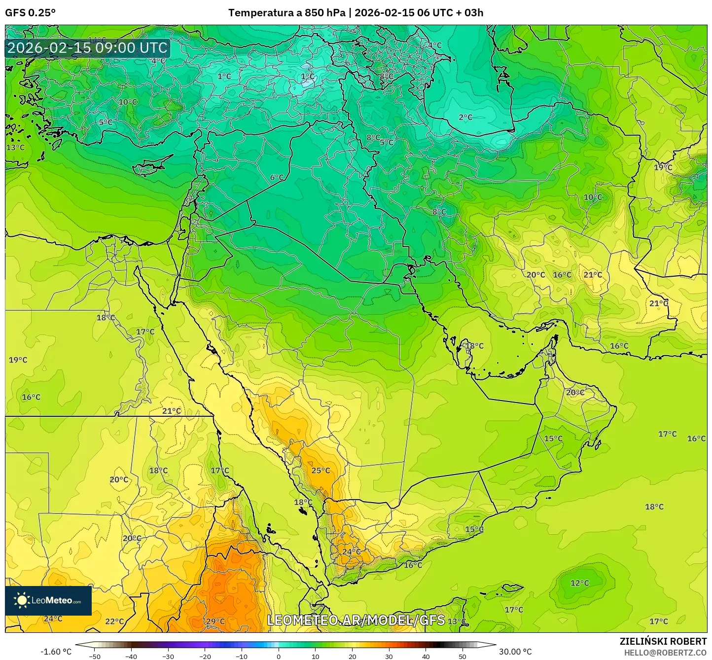 GFS model - Oriente Medio, Temperatura a 850 hPa