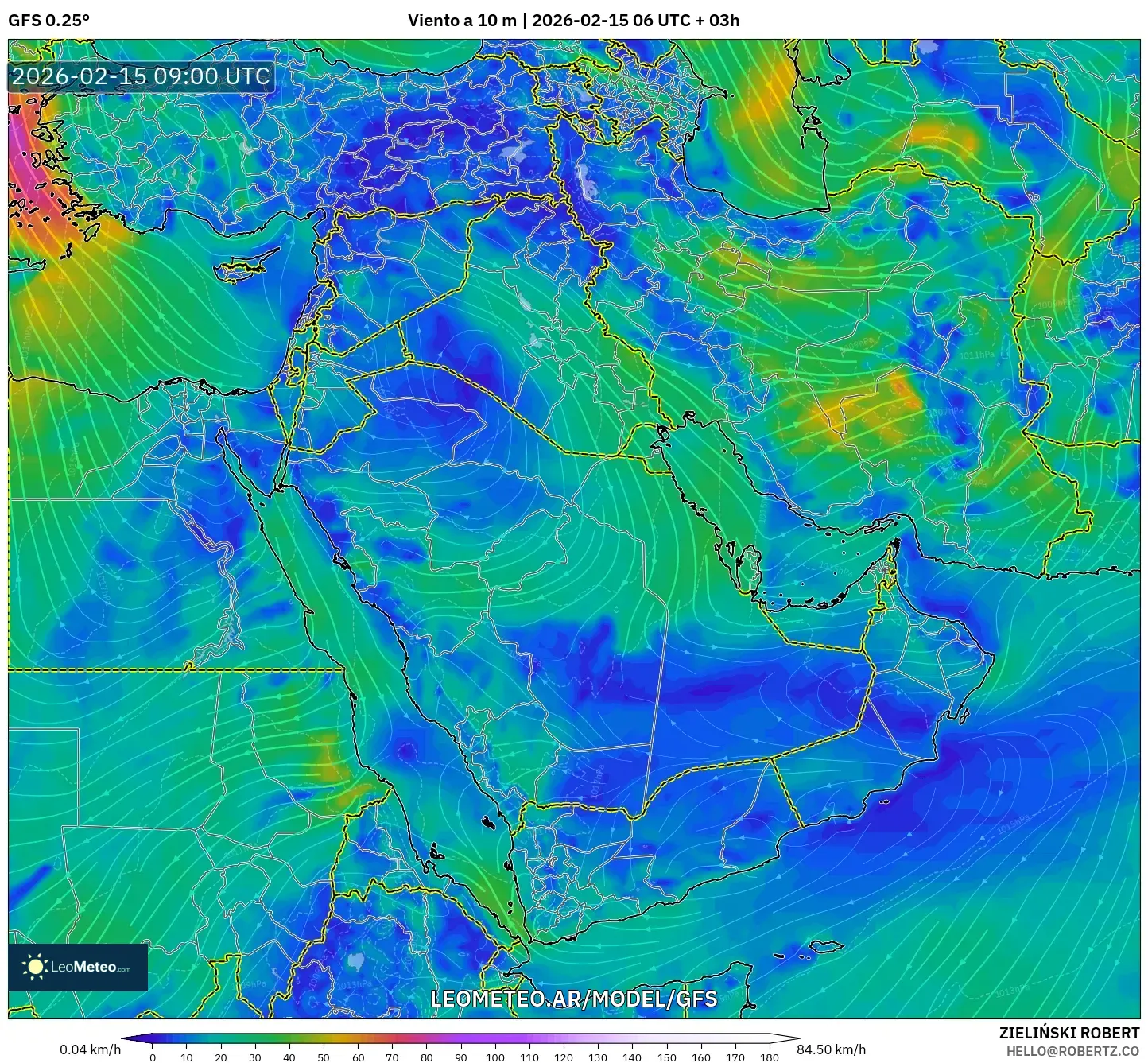 GFS model - Oriente Medio, Viento a 10 m