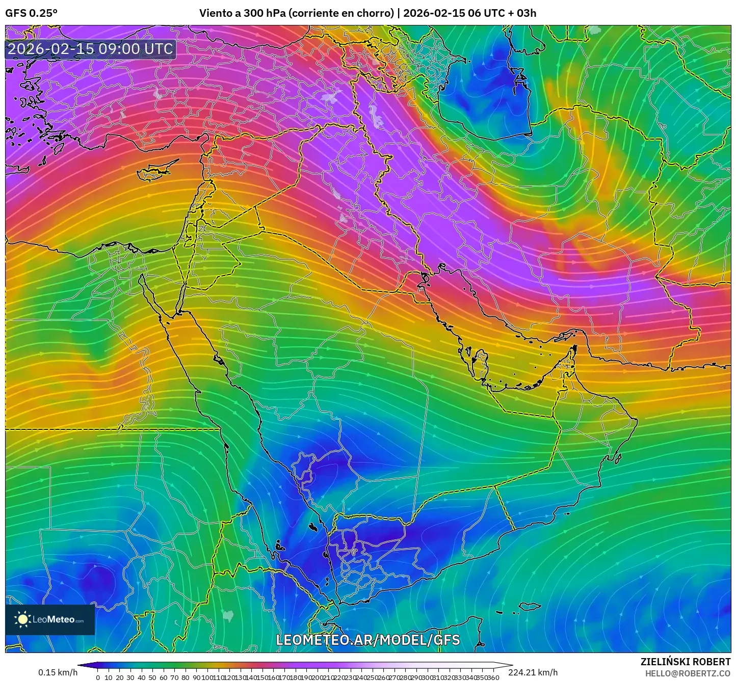 GFS model - Oriente Medio, Viento a 300 hPa (corriente en chorro)