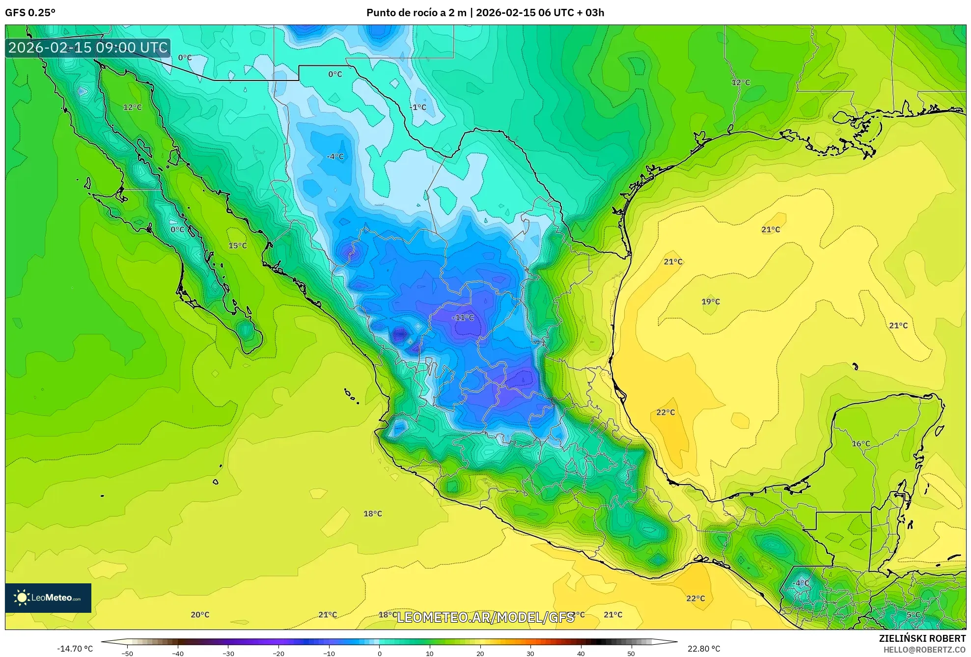 GFS model - México, Punto de rocío a 2 m