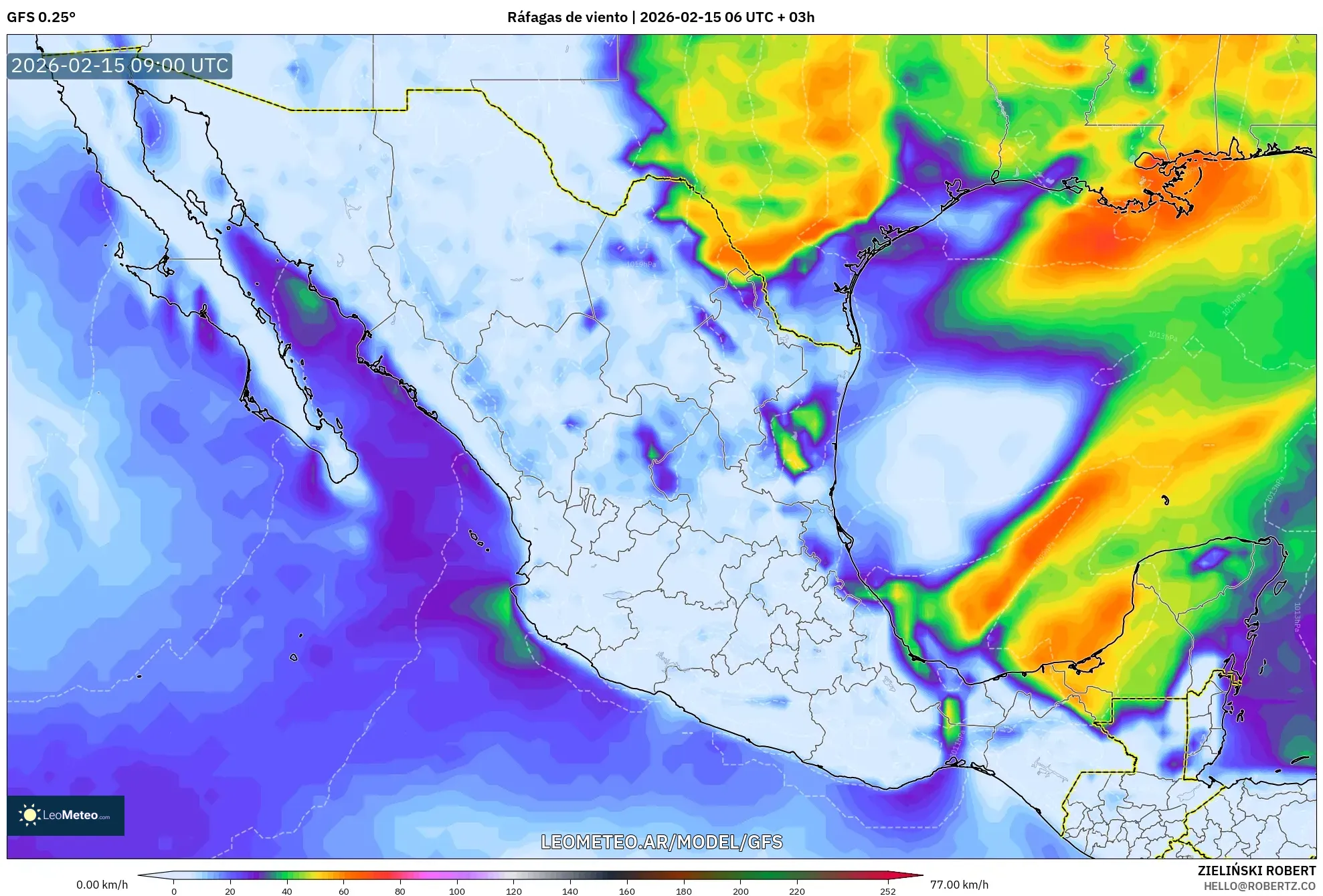 GFS model - México, Ráfagas de viento