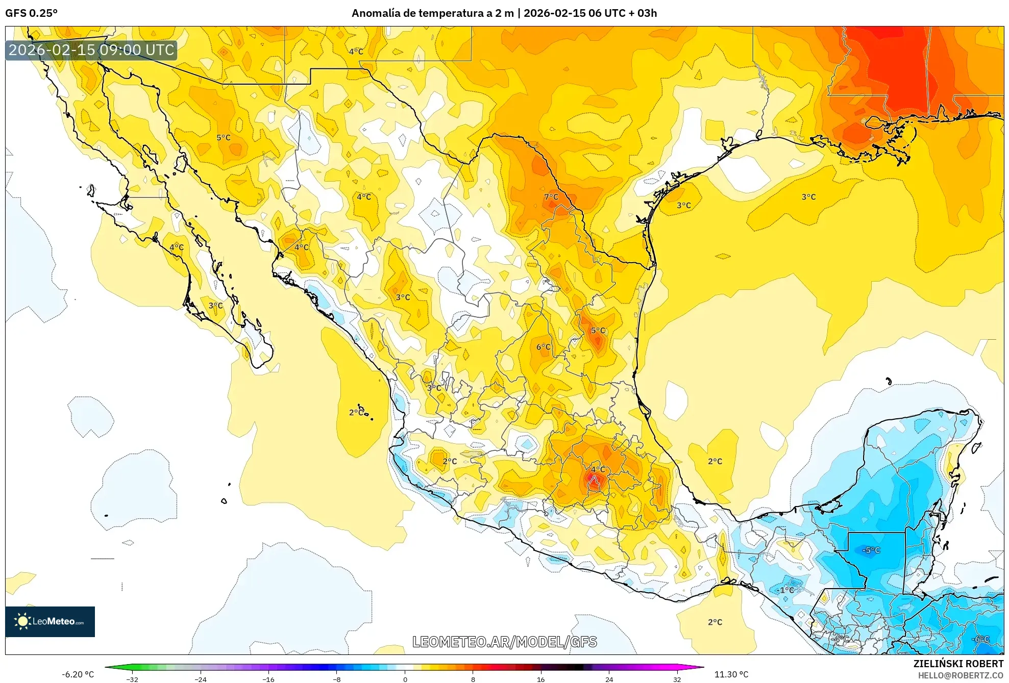 GFS model - México, Anomalía de temperatura a 2 m