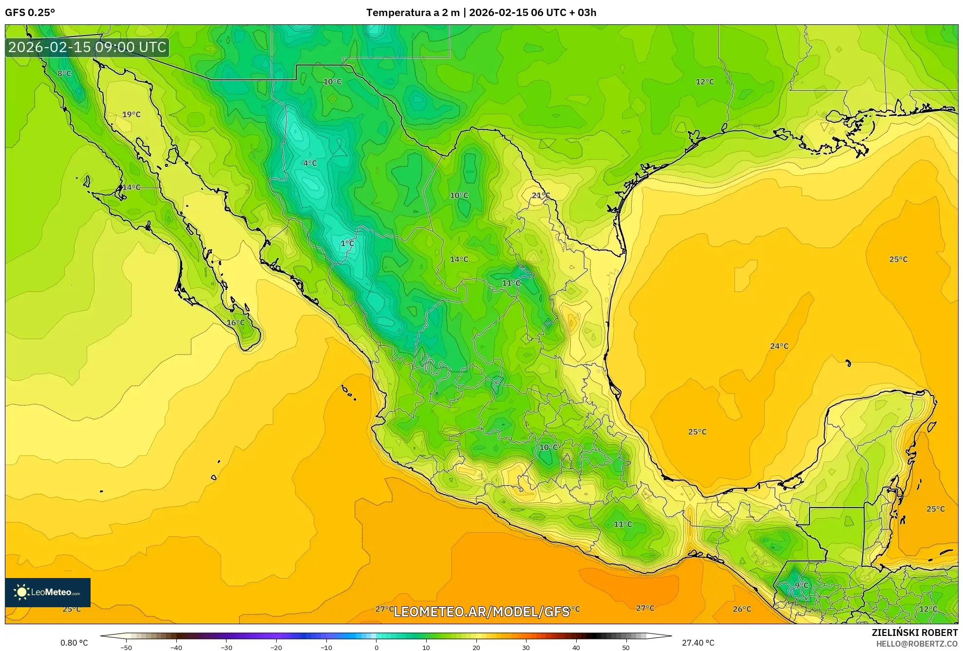 GFS model - México, Temperatura a 2 m