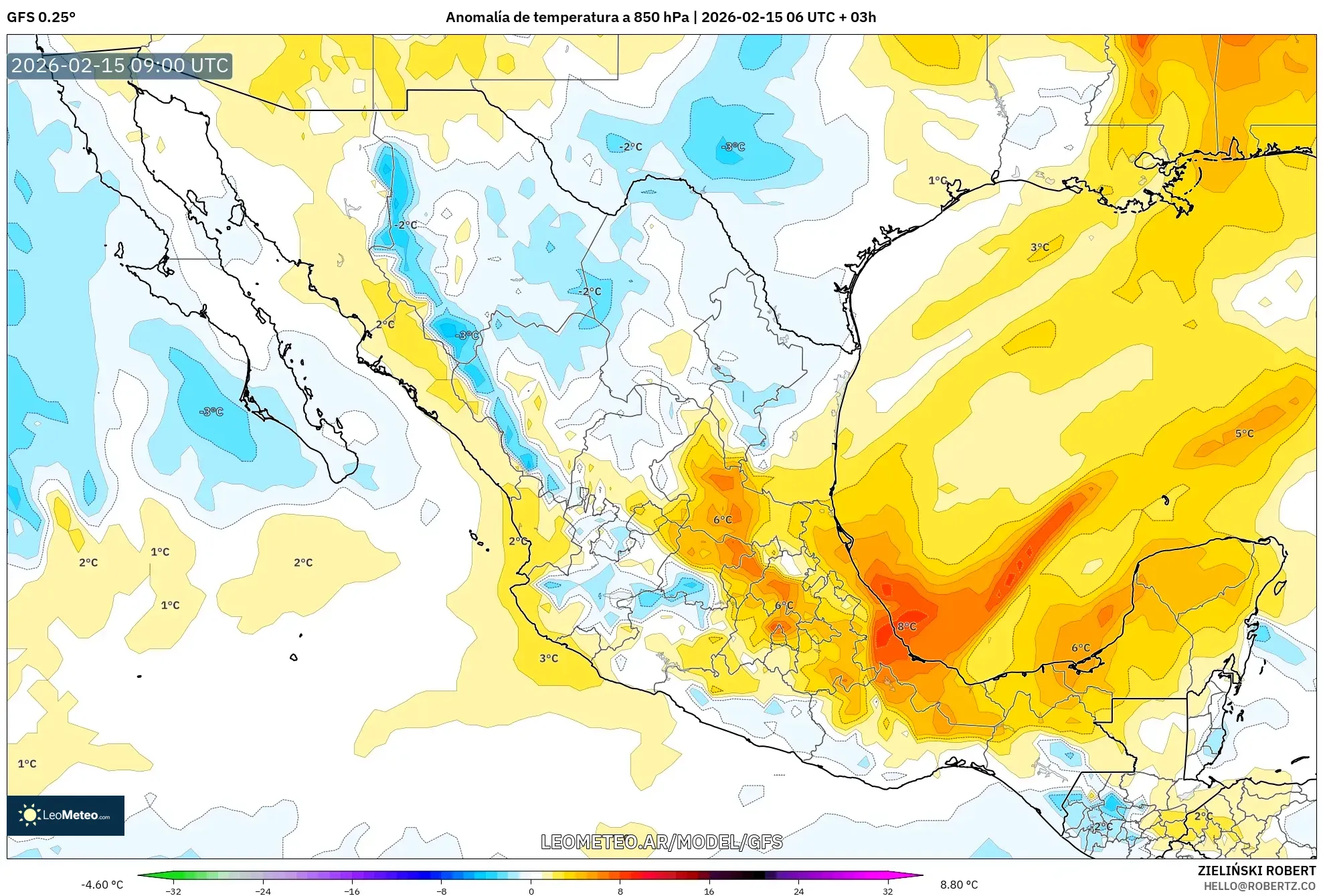 GFS model - México, Anomalía de temperatura a 850 hPa