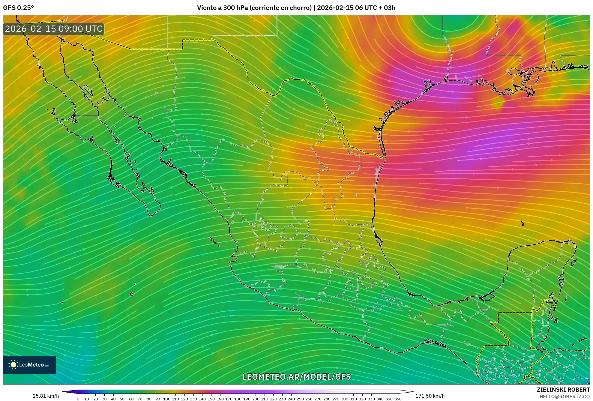 GFS model - México, Viento a 300 hPa (corriente en chorro)