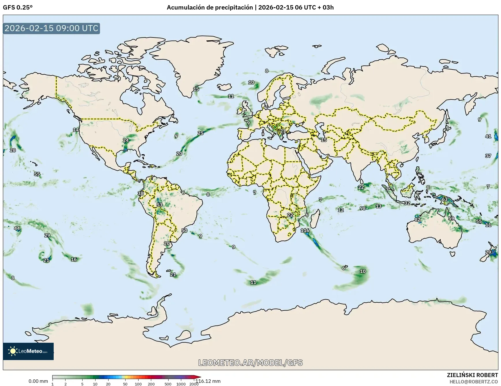 GFS model - Mundo, Acumulación de precipitación