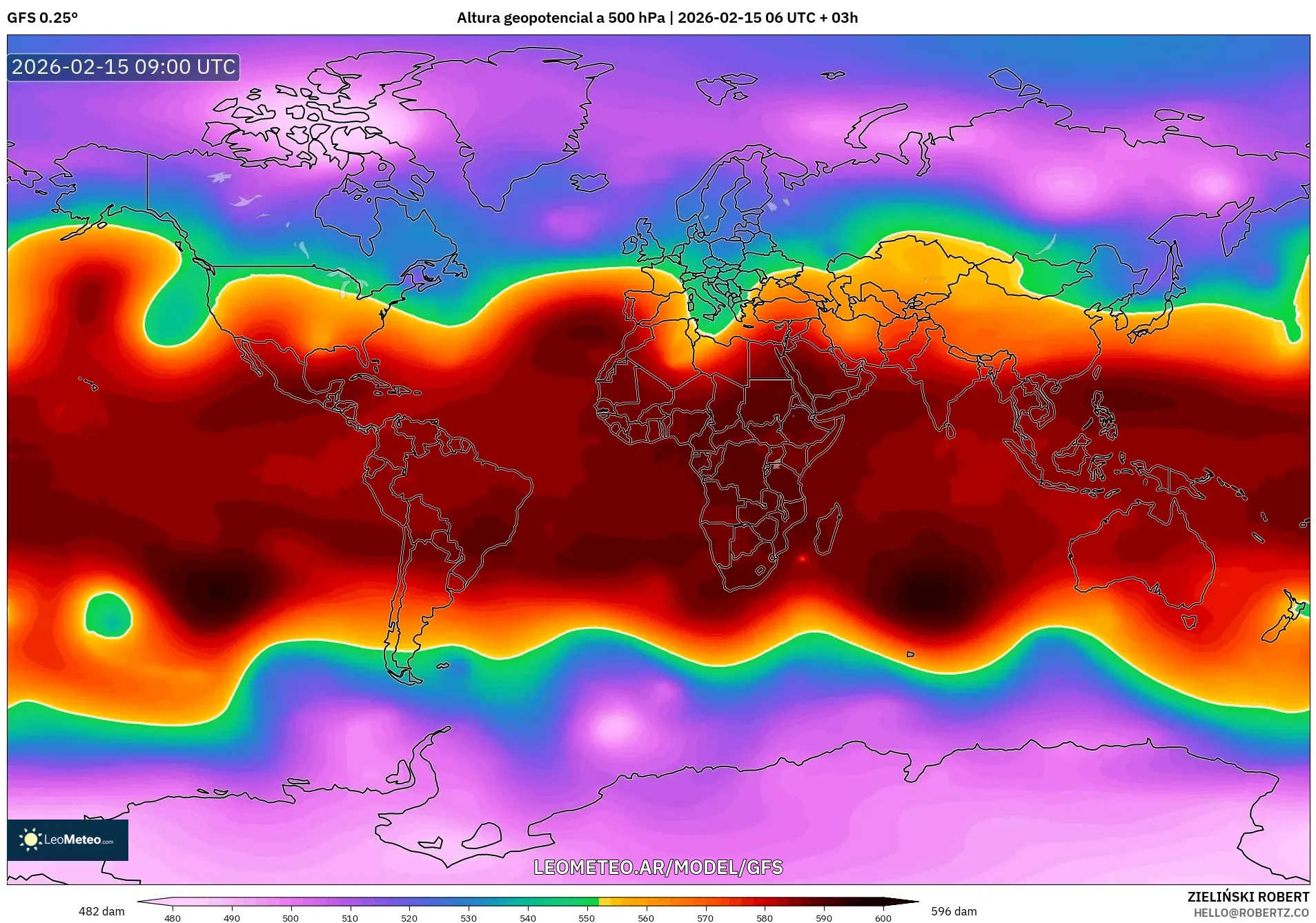 GFS model - Mundo, Altura geopotencial a 500 hPa