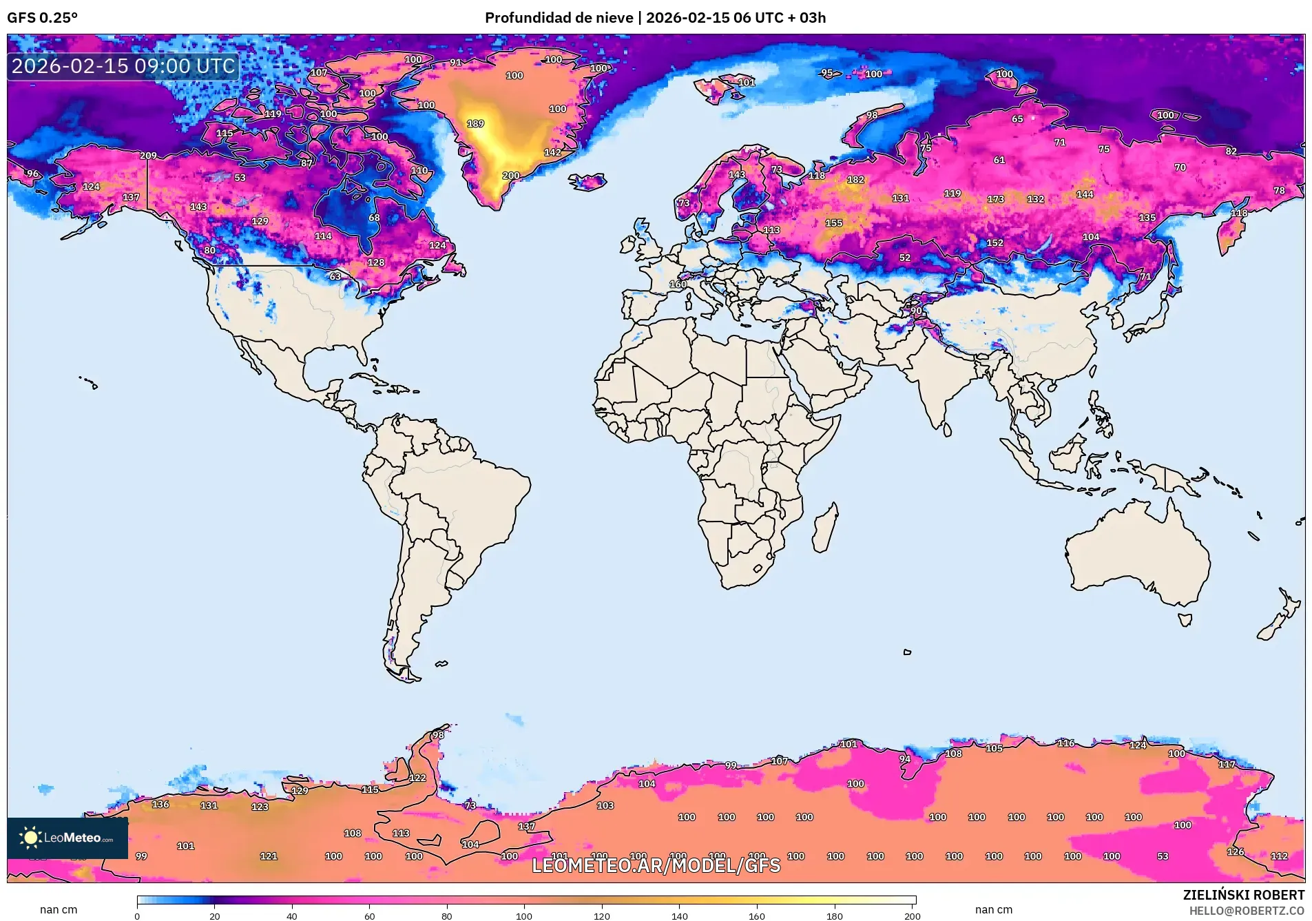 GFS model - Mundo, Profundidad de nieve