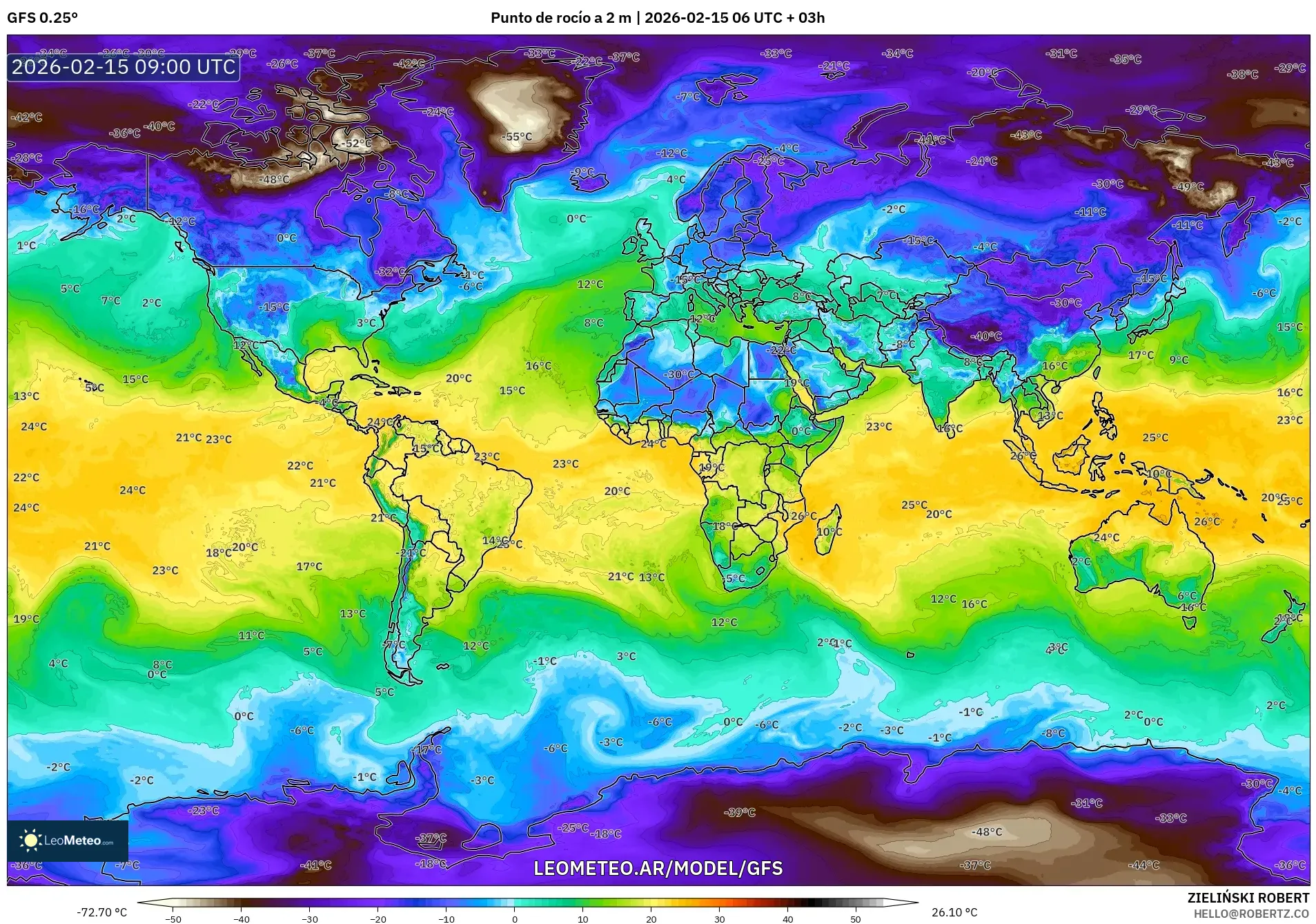 GFS model - Mundo, Punto de rocío a 2 m