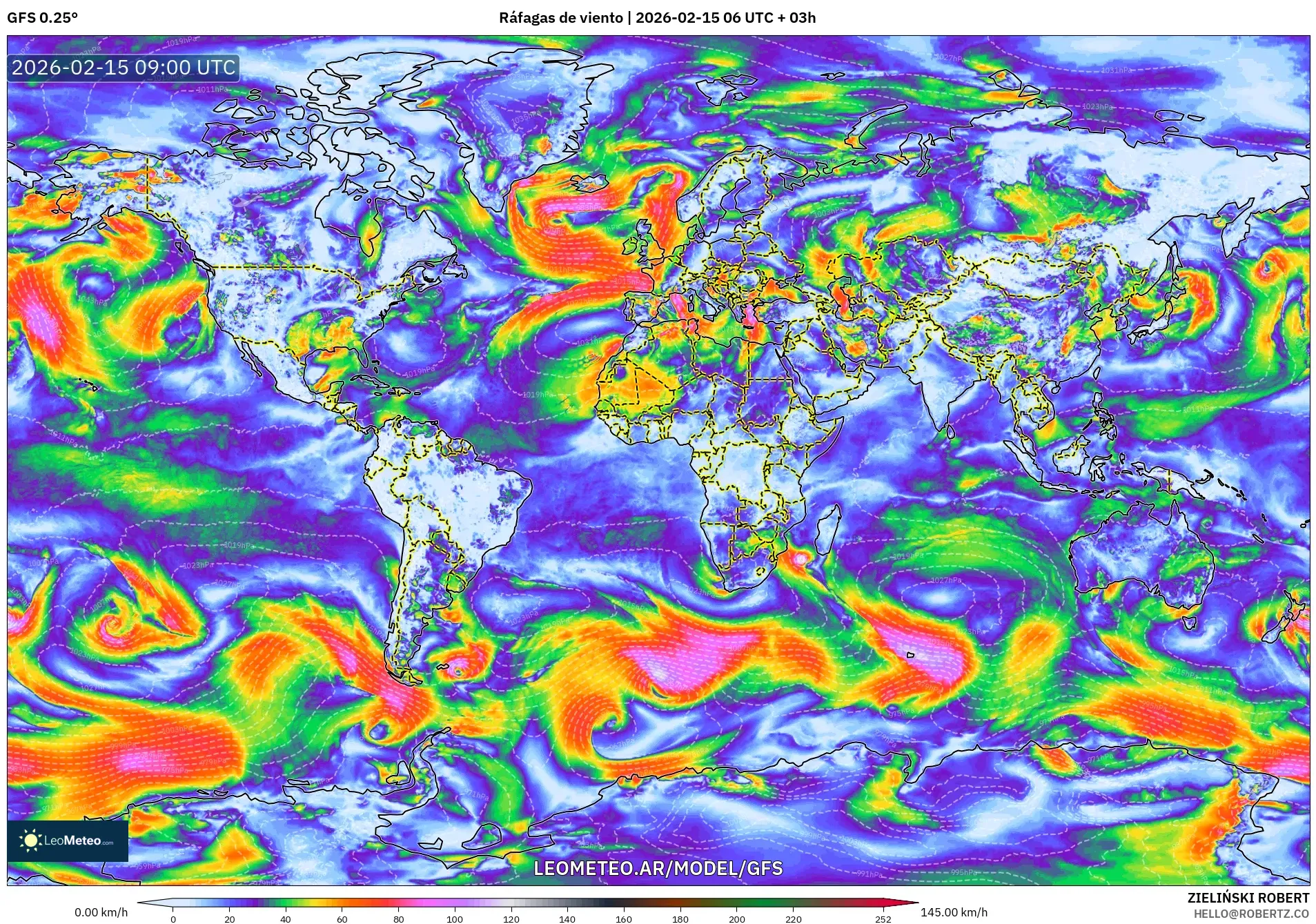 GFS model - Mundo, Ráfagas de viento
