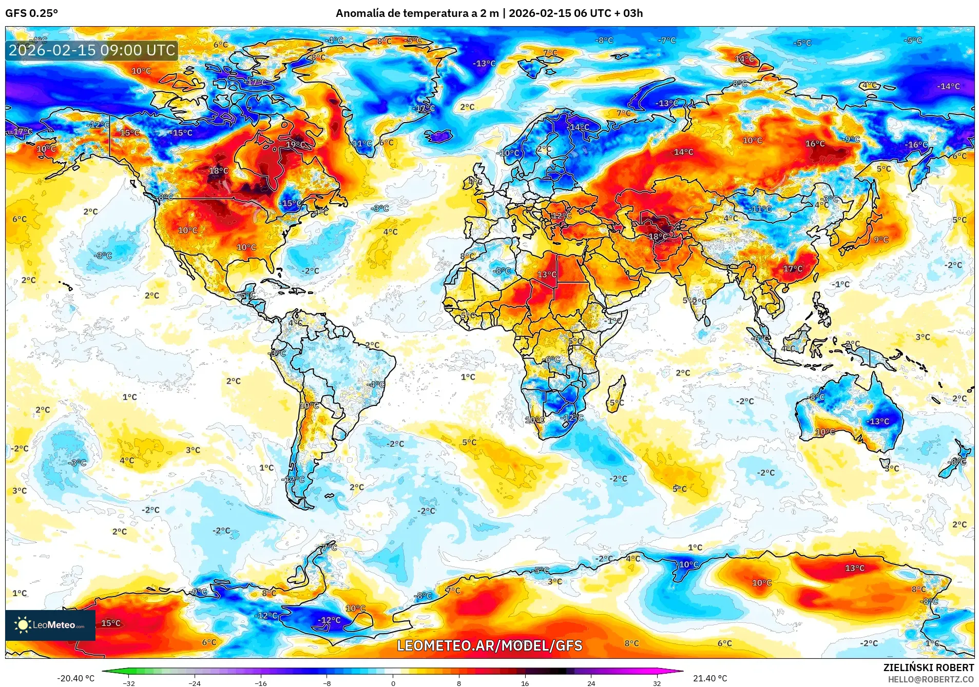 GFS model - Mundo, Anomalía de temperatura a 2 m