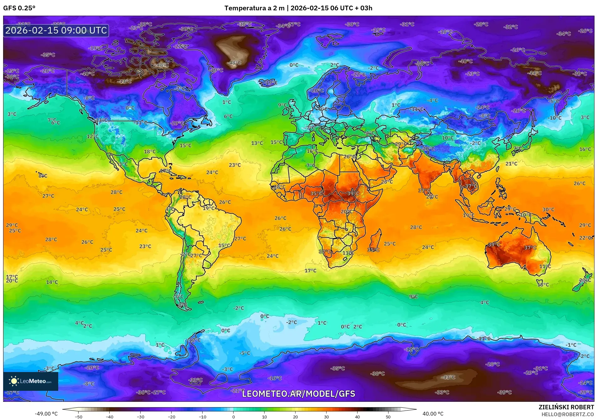 GFS model - Mundo, Temperatura a 2 m