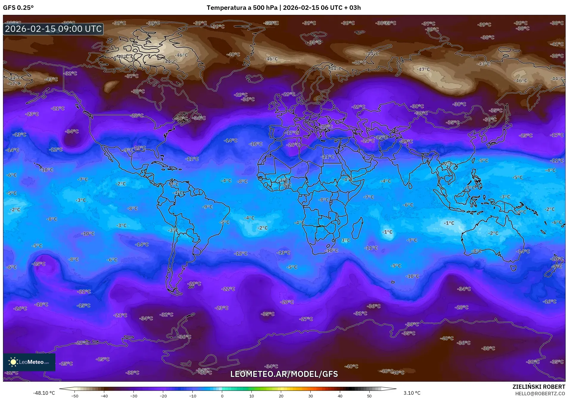GFS model - Mundo, Temperatura a 500 hPa