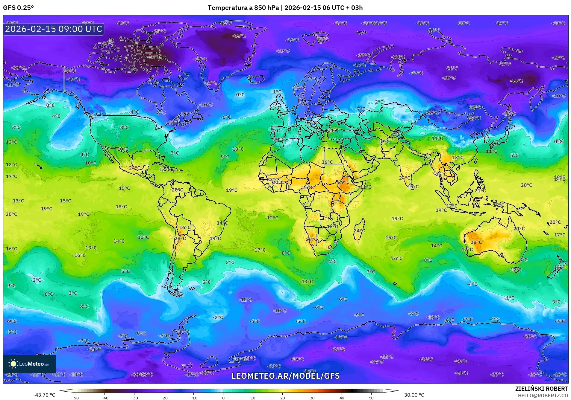 GFS model - Mundo, Temperatura a 850 hPa