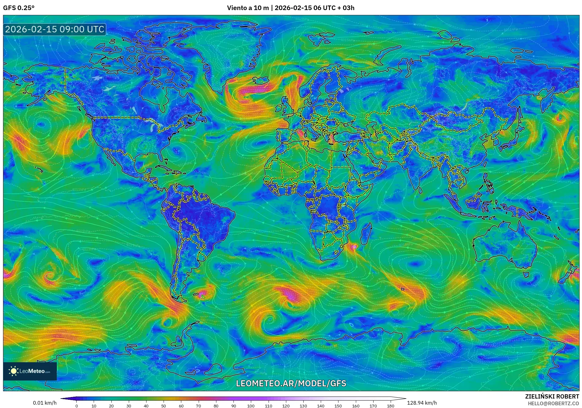 GFS model - Mundo, Viento a 10 m